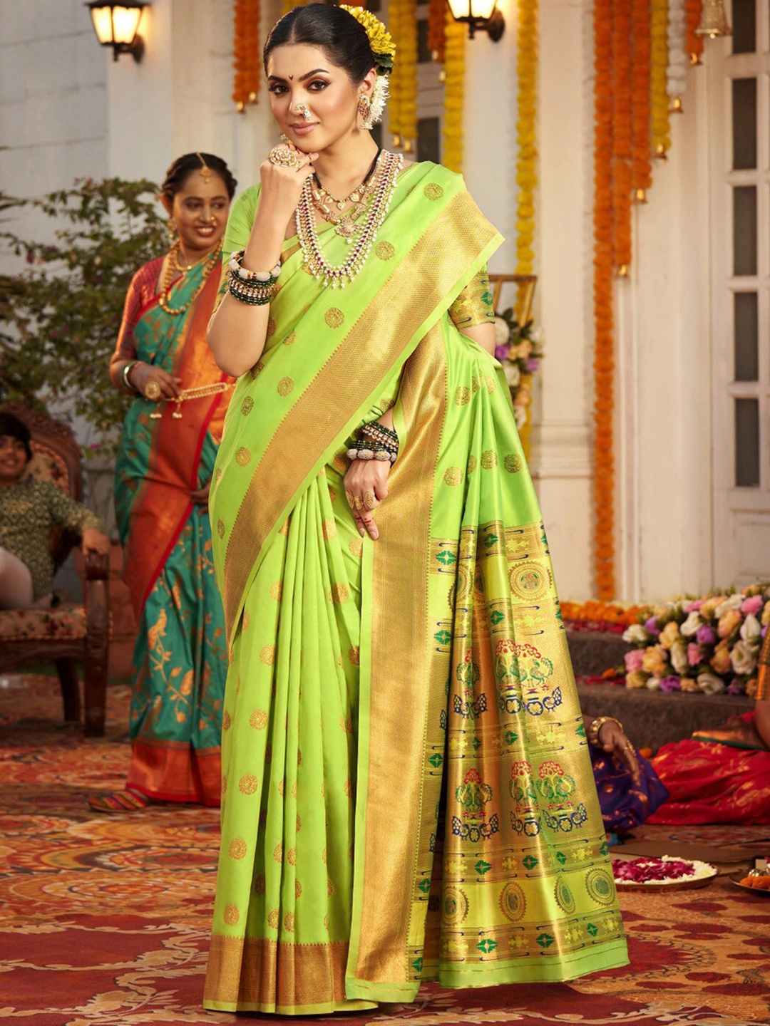 

Saree mall Ethnic Motifs Woven Design Zari Paithani Saree, Green