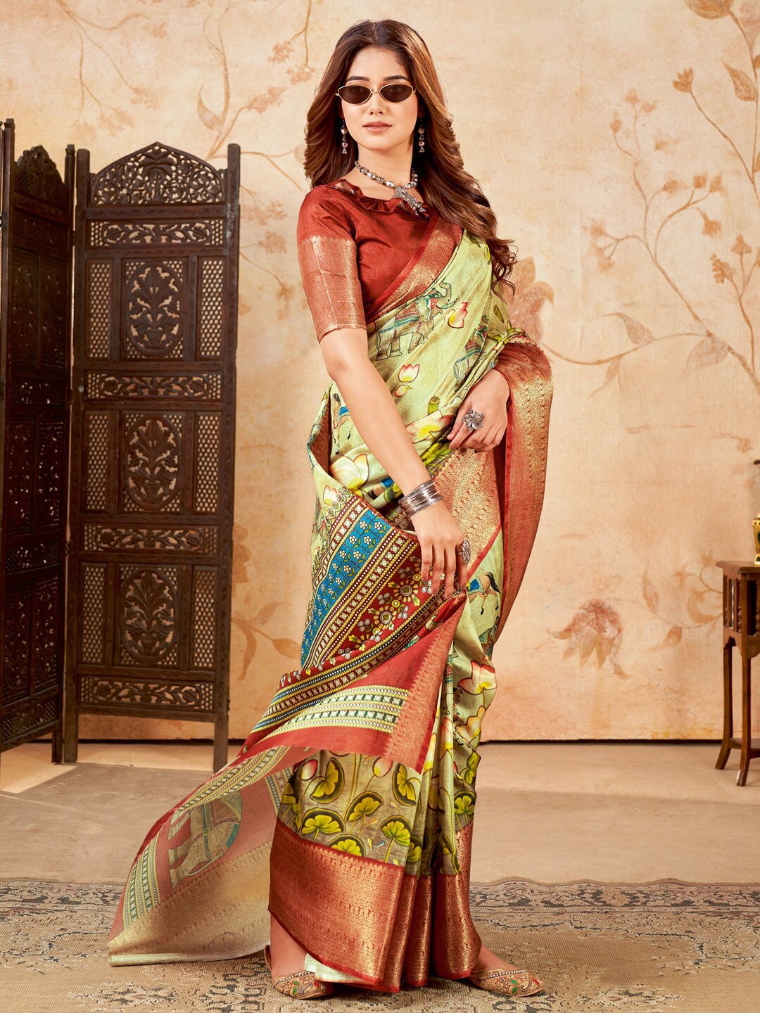 

Saree mall Kalamkari Printed Zari Sungudi Saree, Green