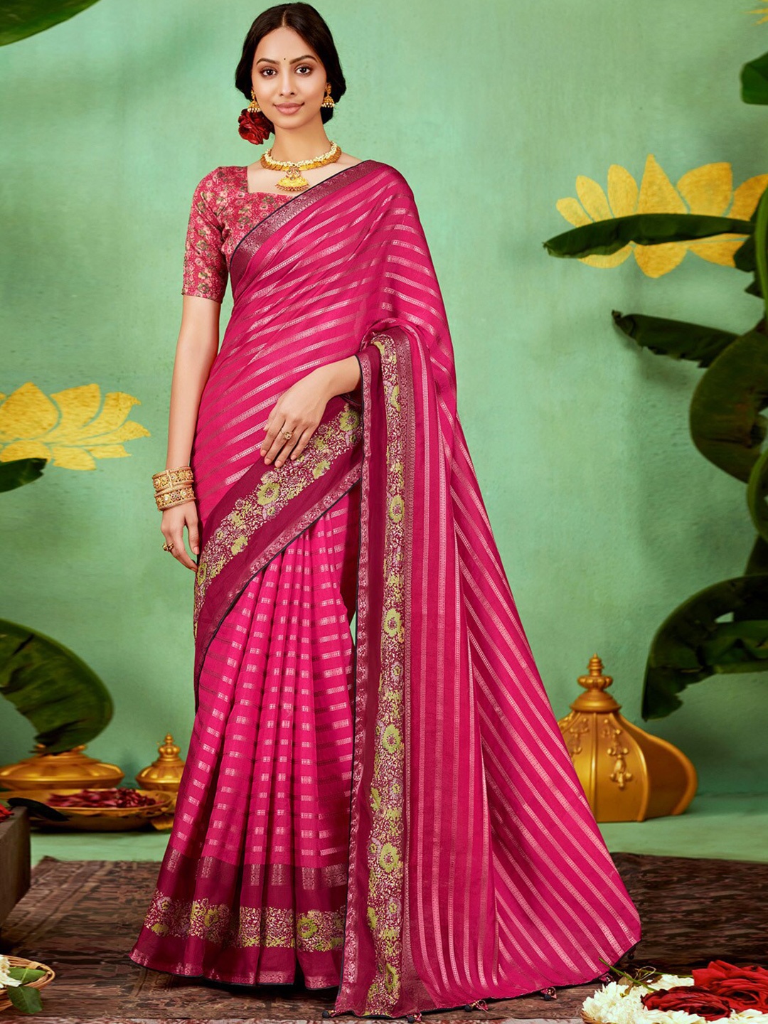 

Saree mall Striped Woven Design Zari Silk Saree, Pink