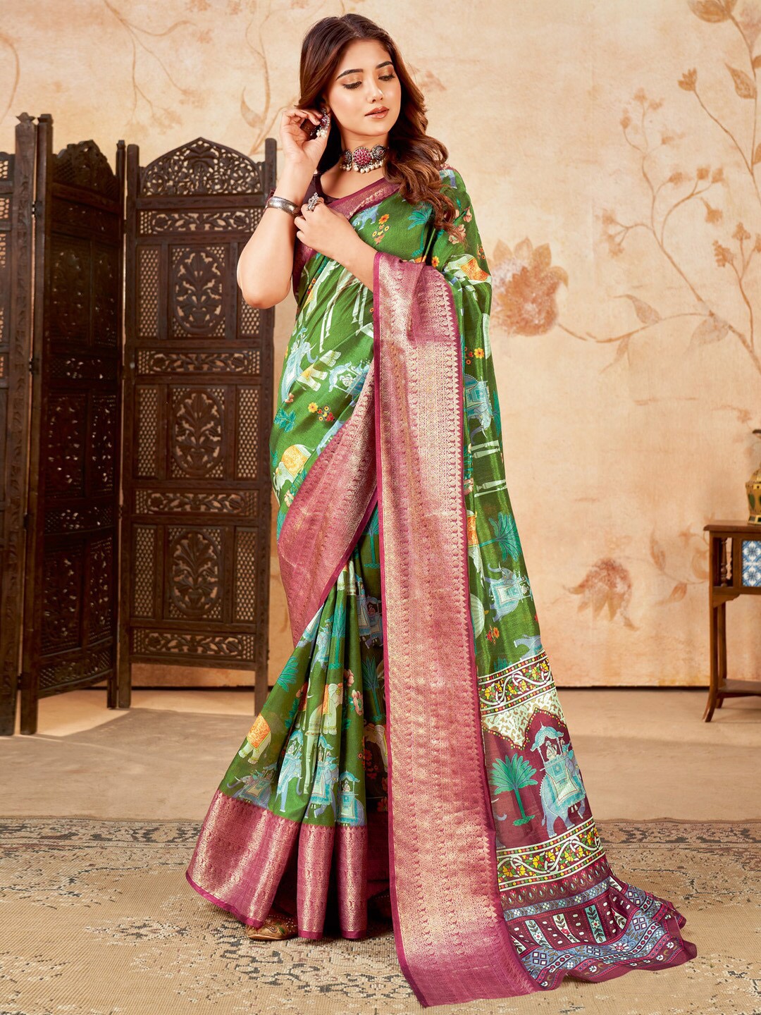 

Saree mall Ethnic Motifs Woven Design Zari Sungudi Saree, Green