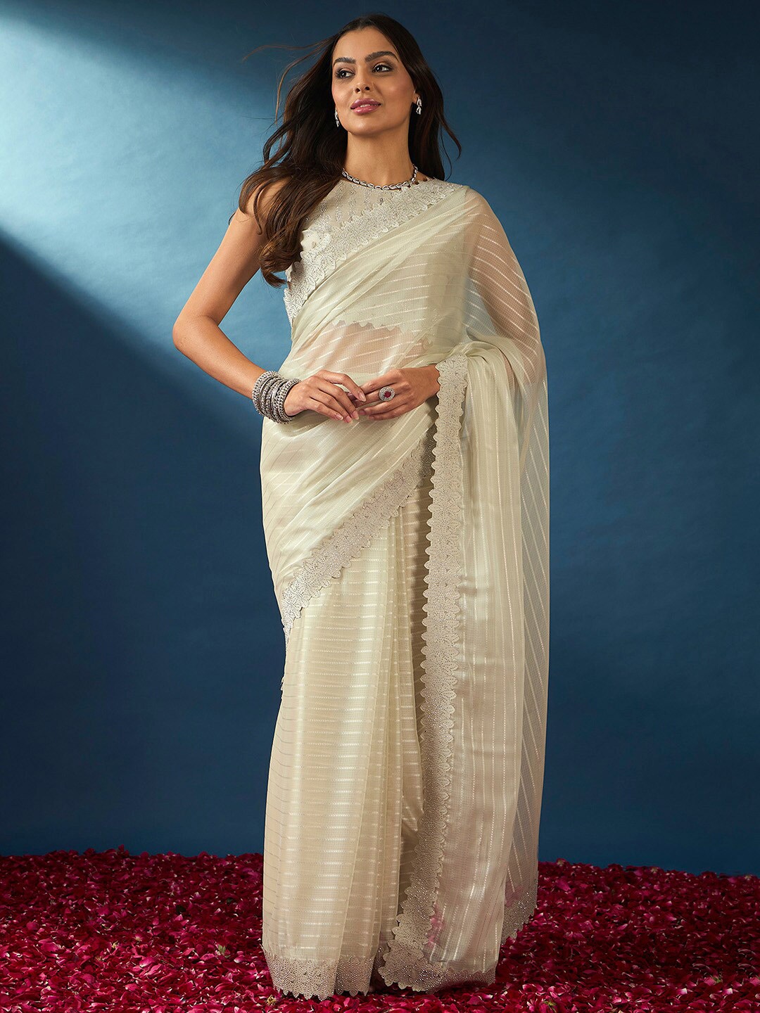

Saree mall Striped Beads and Stones Poly Chiffon Saree, Cream