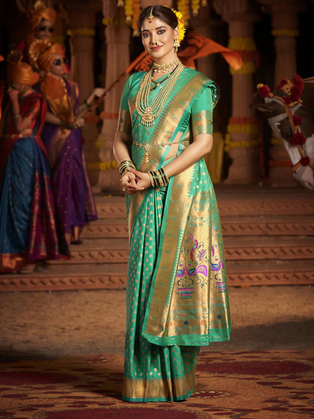 

Saree mall Ethnic Motifs Woven Design Zari Paithani Sarees, Sea green