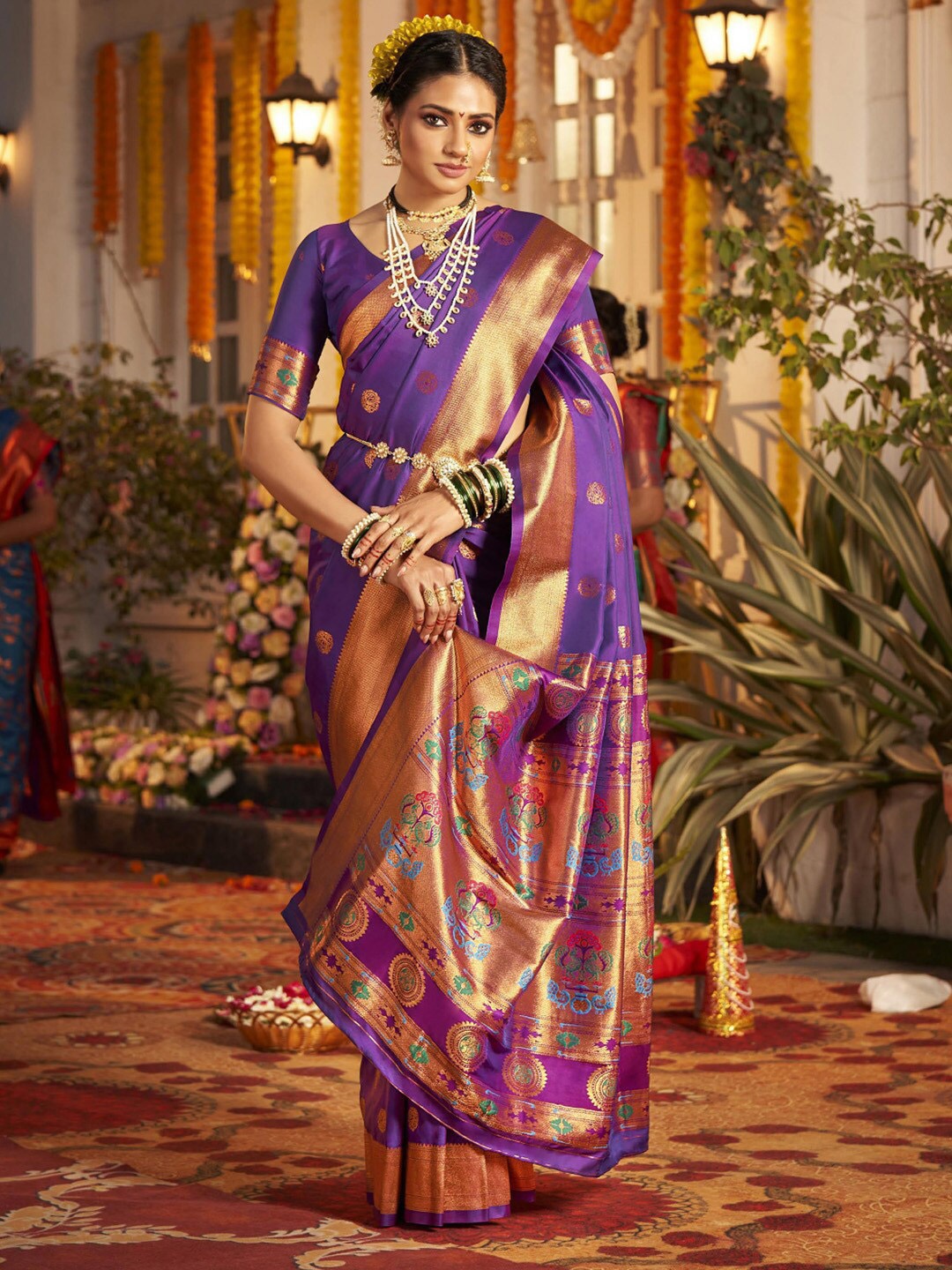 

Saree mall Ethnic Motifs Woven Design Zari Paithani Sarees, Purple