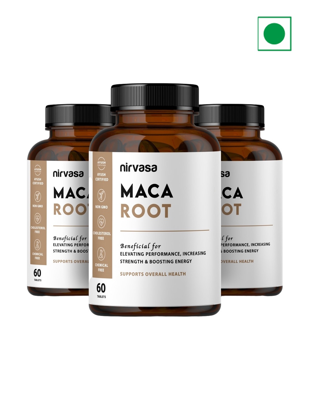 

Nirvasa Set Of 3 Maca Root Extract Tablets for Improve Energy - 60 Tablets Each, Brown