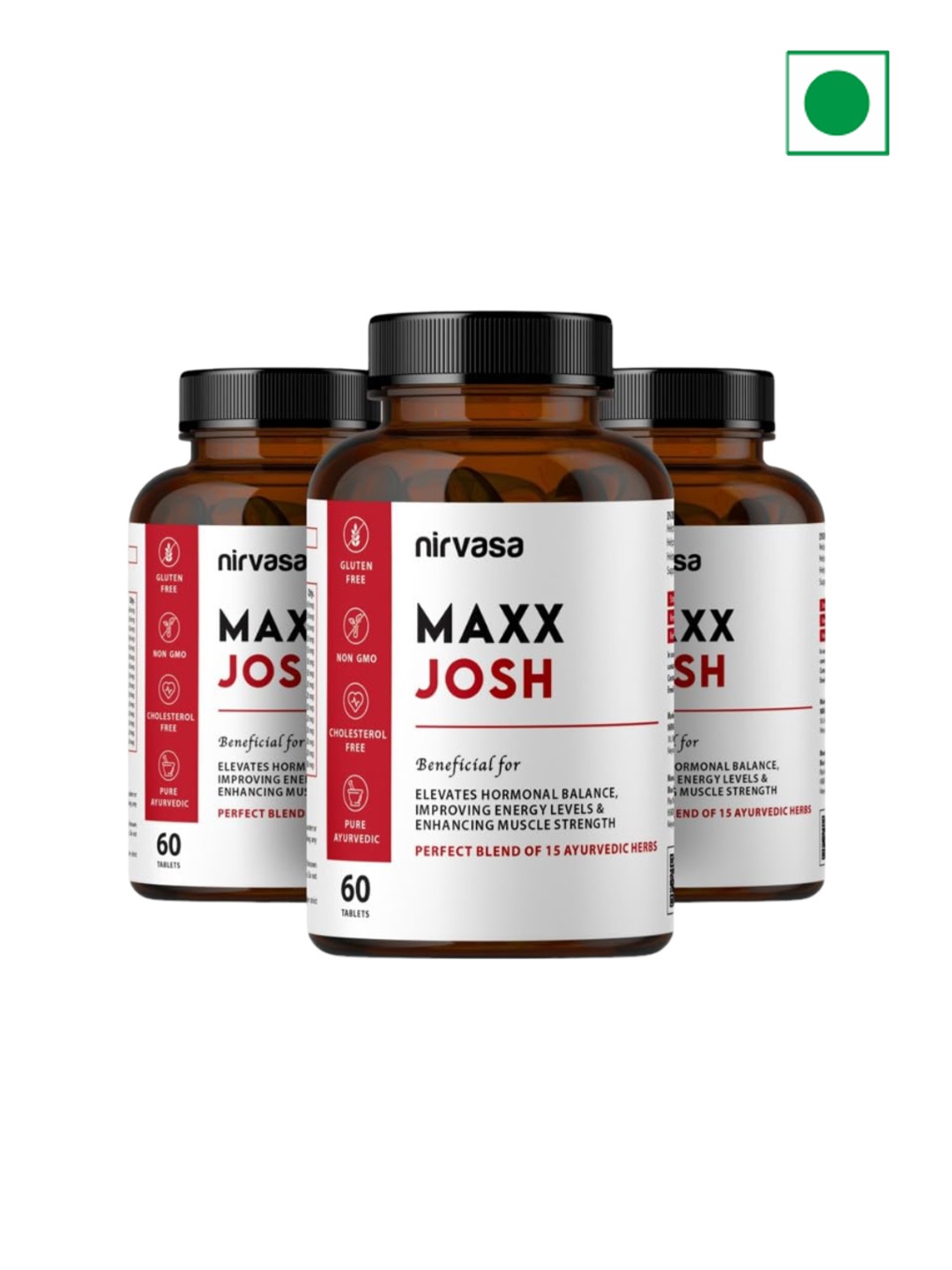 

Nirvasa Set of 3 Maxx Josh Tablets with 15 Natural Herbs - 60 Tablets Each, Red