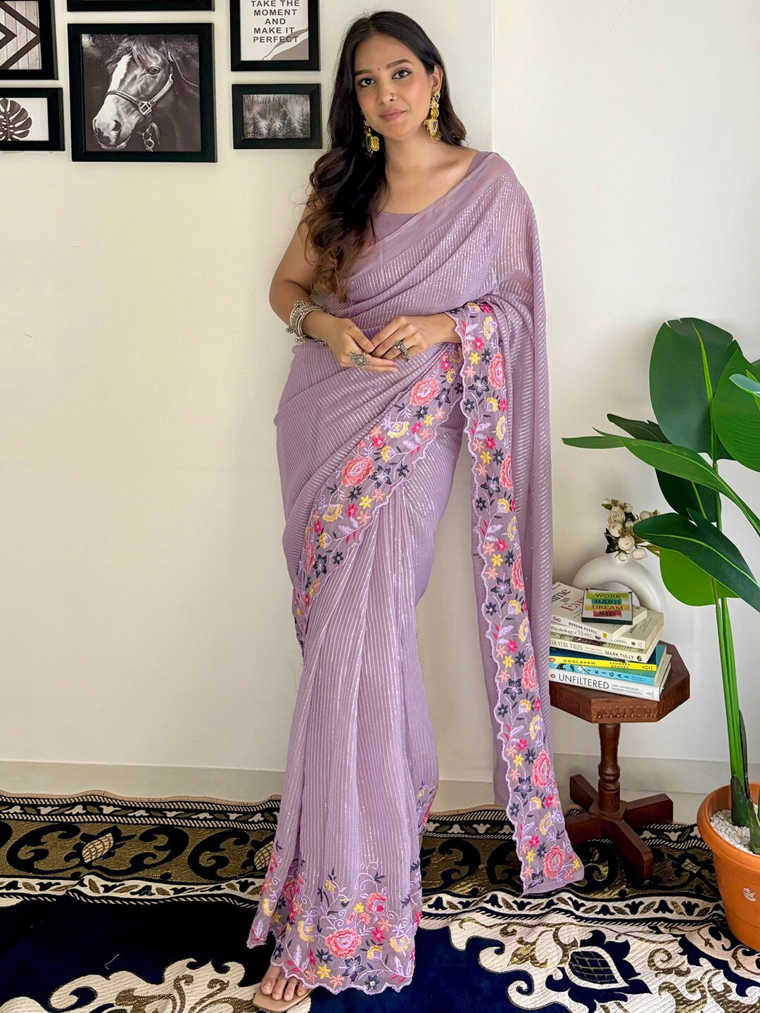 

Anouk Lavendar Ethnic Motifs Embellished Sequinned Pure Georgette Saree, Lavender