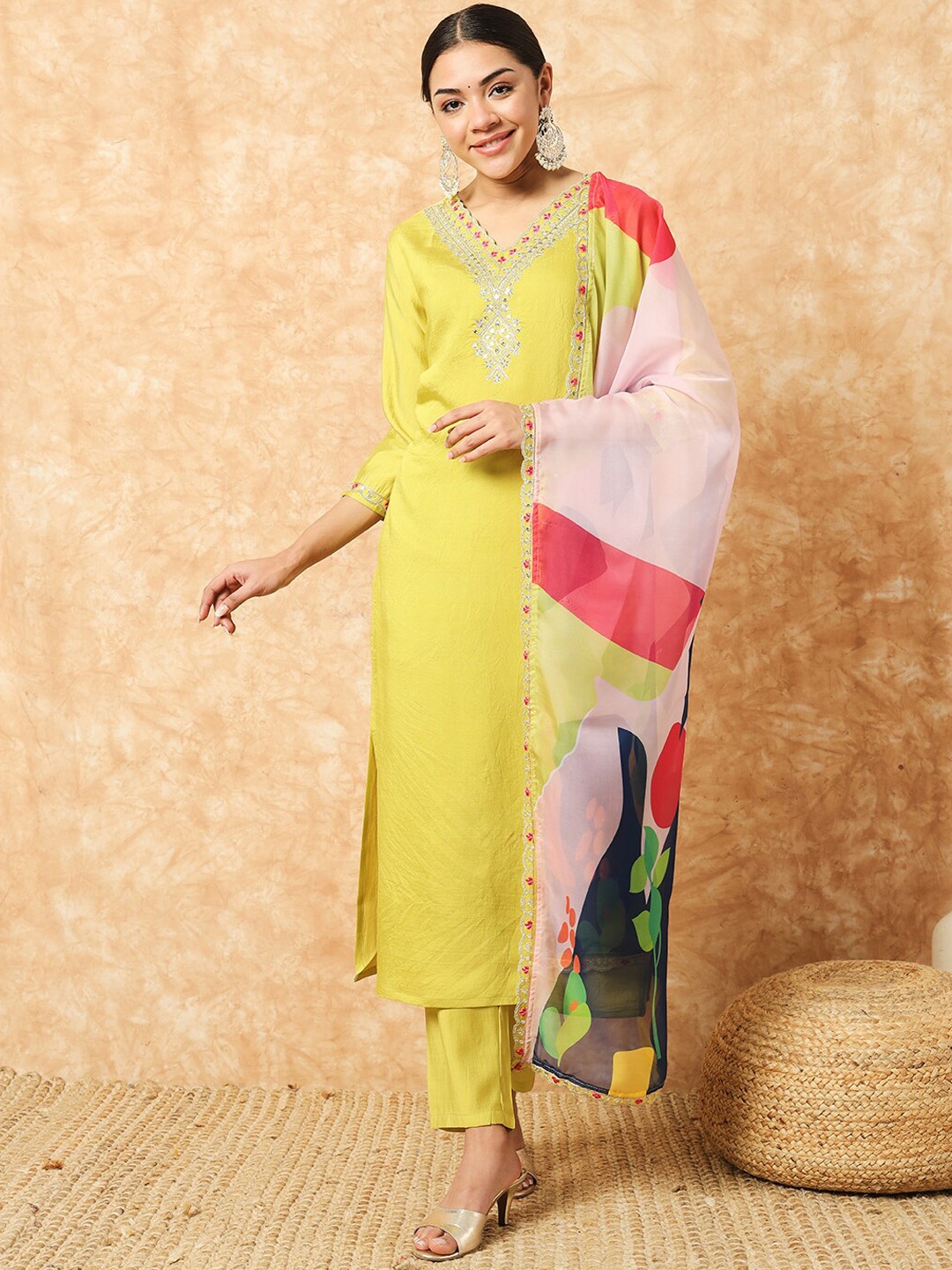 

THE52 Floral Embroidered V-Neck Thread Work Straight Kurta With Trousers & Dupatta, Lime green