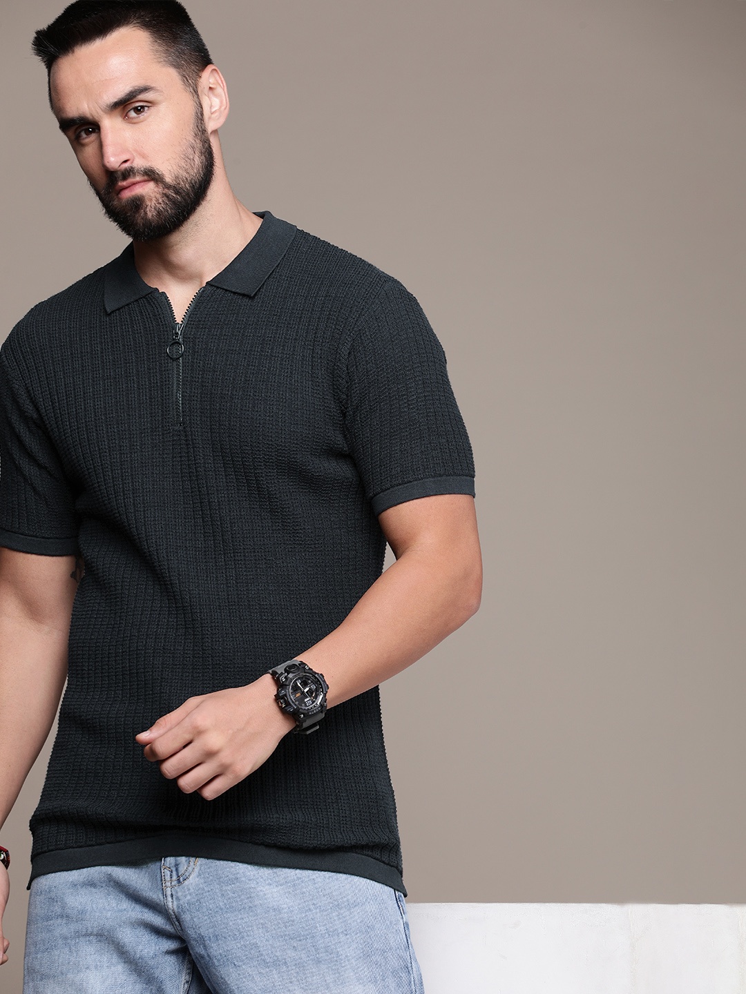 

Roadster Men Polo Collar Pure Cotton T-shirt, Navy blue