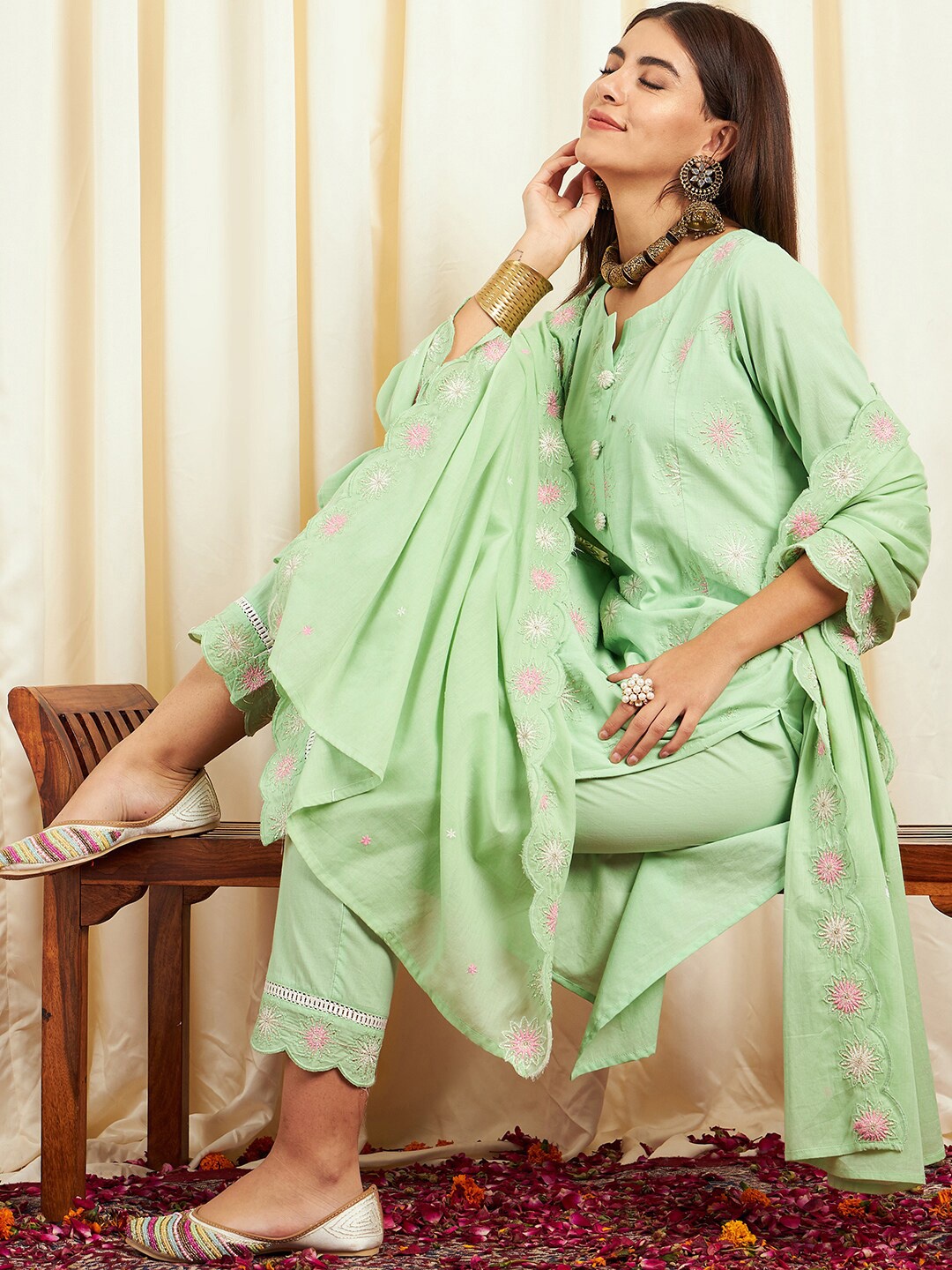 

Sangria Embroidered Pure Cotton Straight Kurta With Trouser & Dupatta, Green