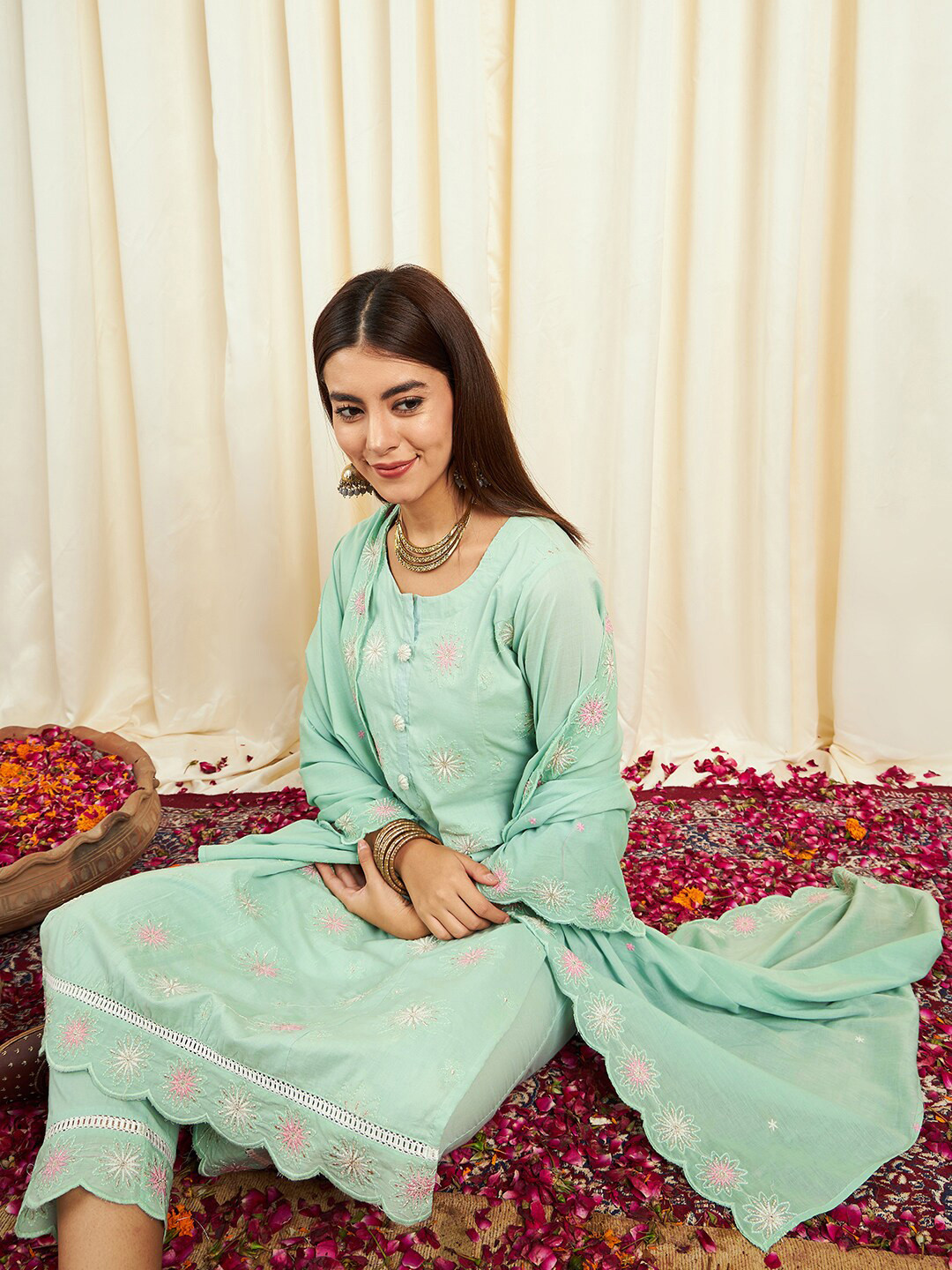 

Sangria Embroidered Pure Cotton Straight Kurta With Trouser & Dupatta, Turquoise blue