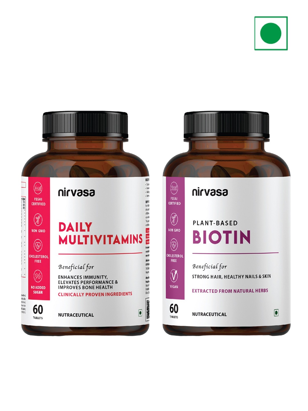 

Nirvasa Set of Daily Multivitamins & Plant Based Biotin - 60 Tablets, White