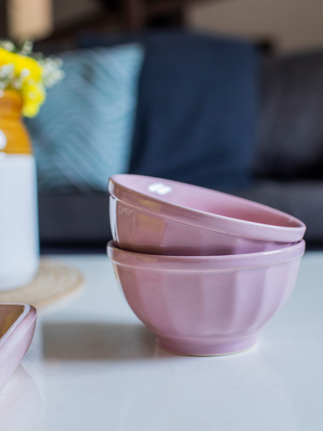 

10club Set of 2 Pink Textured Ceramic Easy to Clean Glazed Kharbuja Bowls