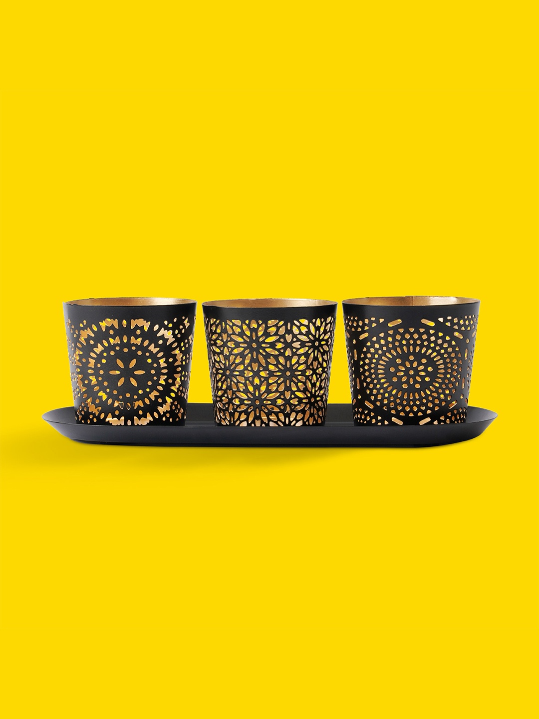 

10club Black & Copper-Toned 3Pcs Metal Candle Holders with Tray