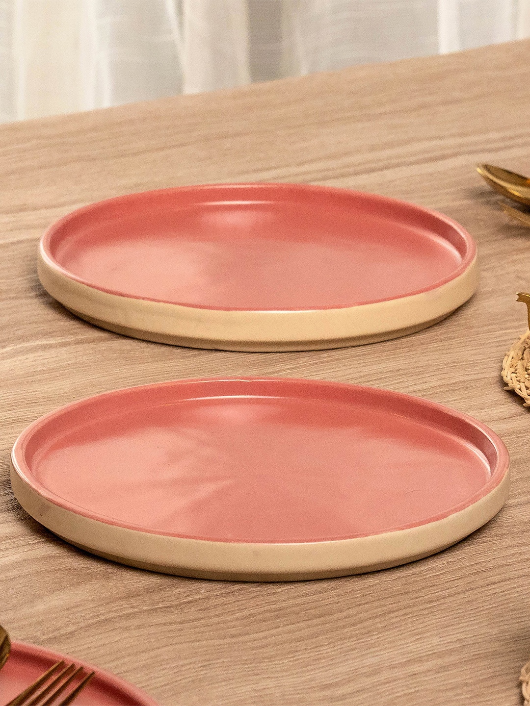 

10club 2-Pcs Peach-Coloured & Green Ceramic Dinner Plates