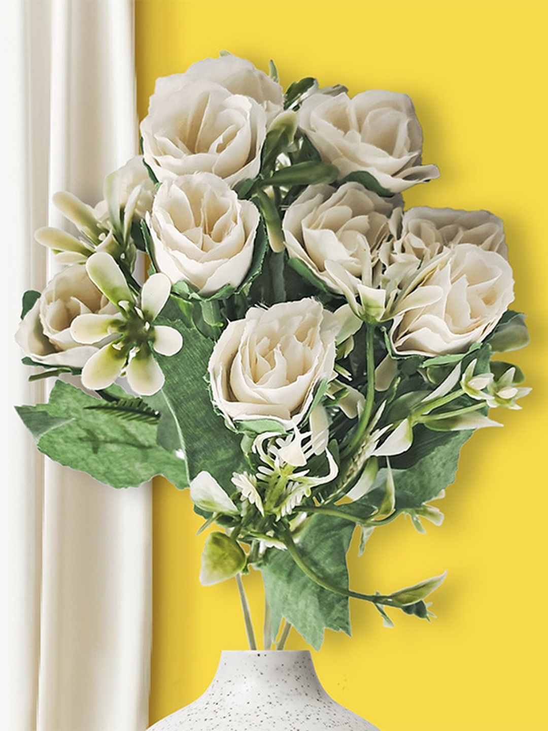 

10club White & Green Artificial Rose and Fern Flowers