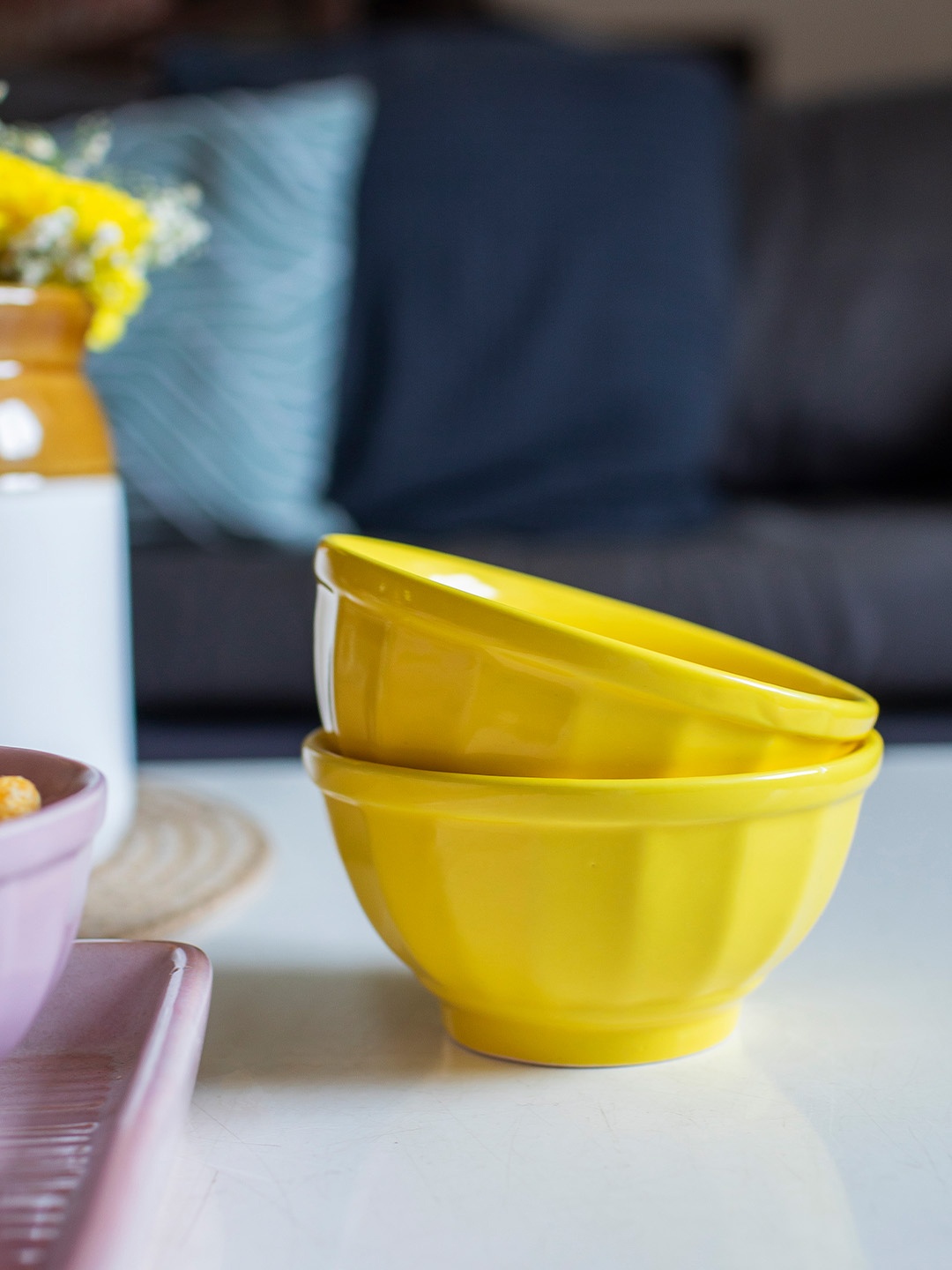 

10club 1 Pc Yellow Textured Glossy Finish Microwave Safe Ceramic Bowl