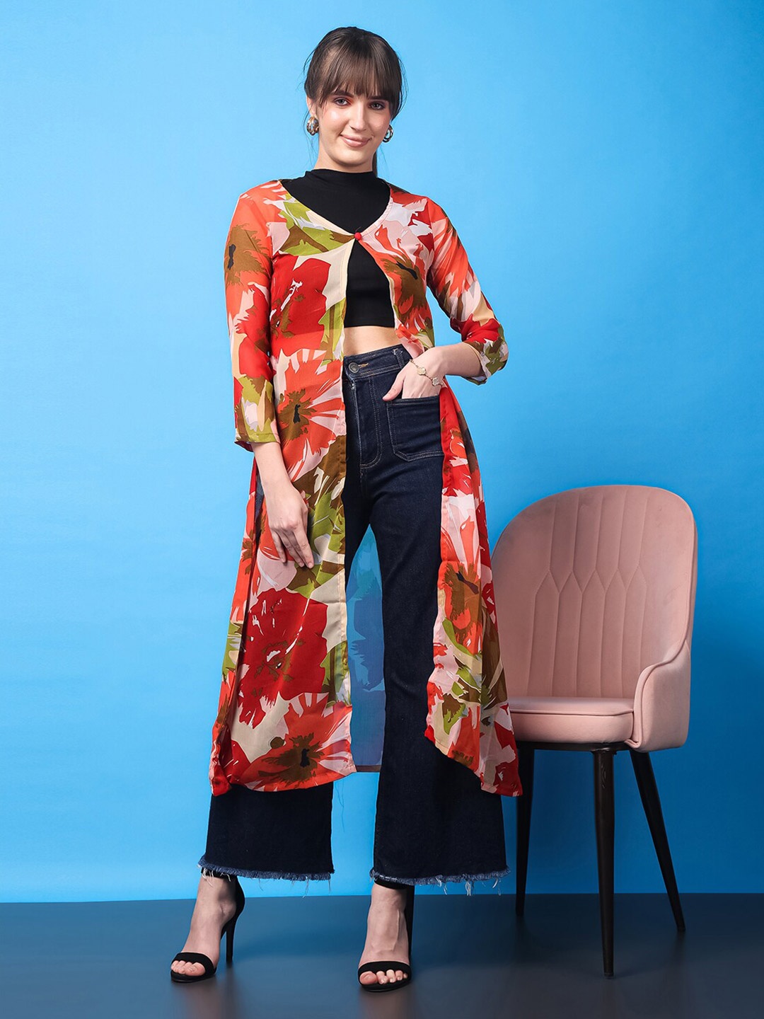 

SCORPIUS Floral Printed Longline Shrug, Red