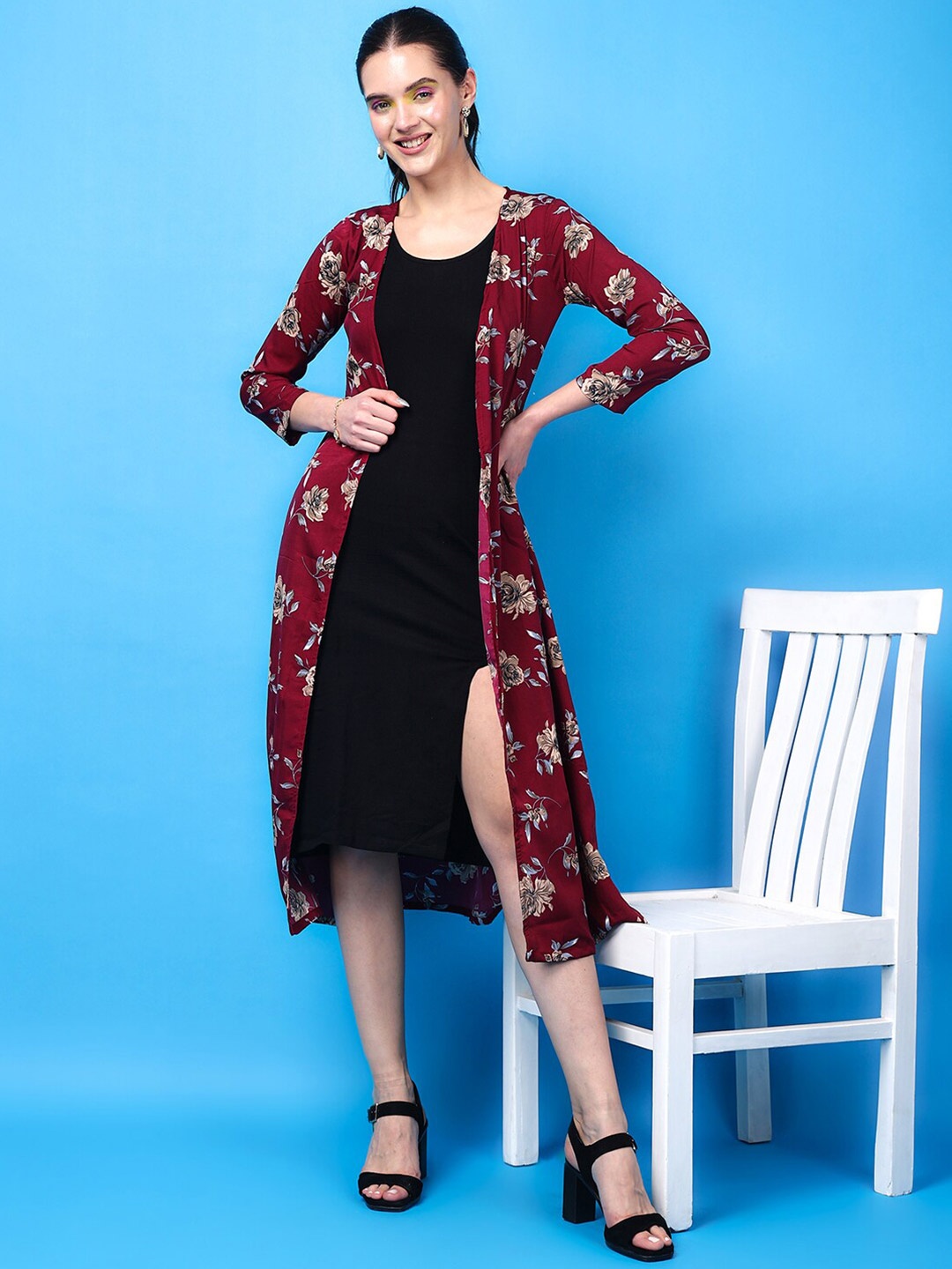 

SCORPIUS Floral Printed Longline Crepe Open Front Shrug, Maroon