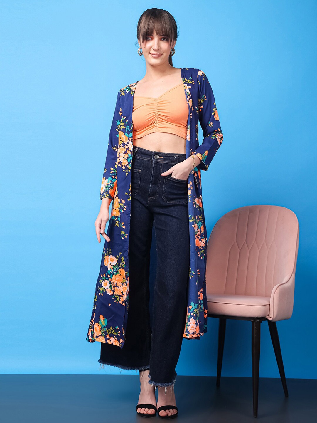 

SCORPIUS Floral Printed Longline Crepe Open Front Shrug, Blue