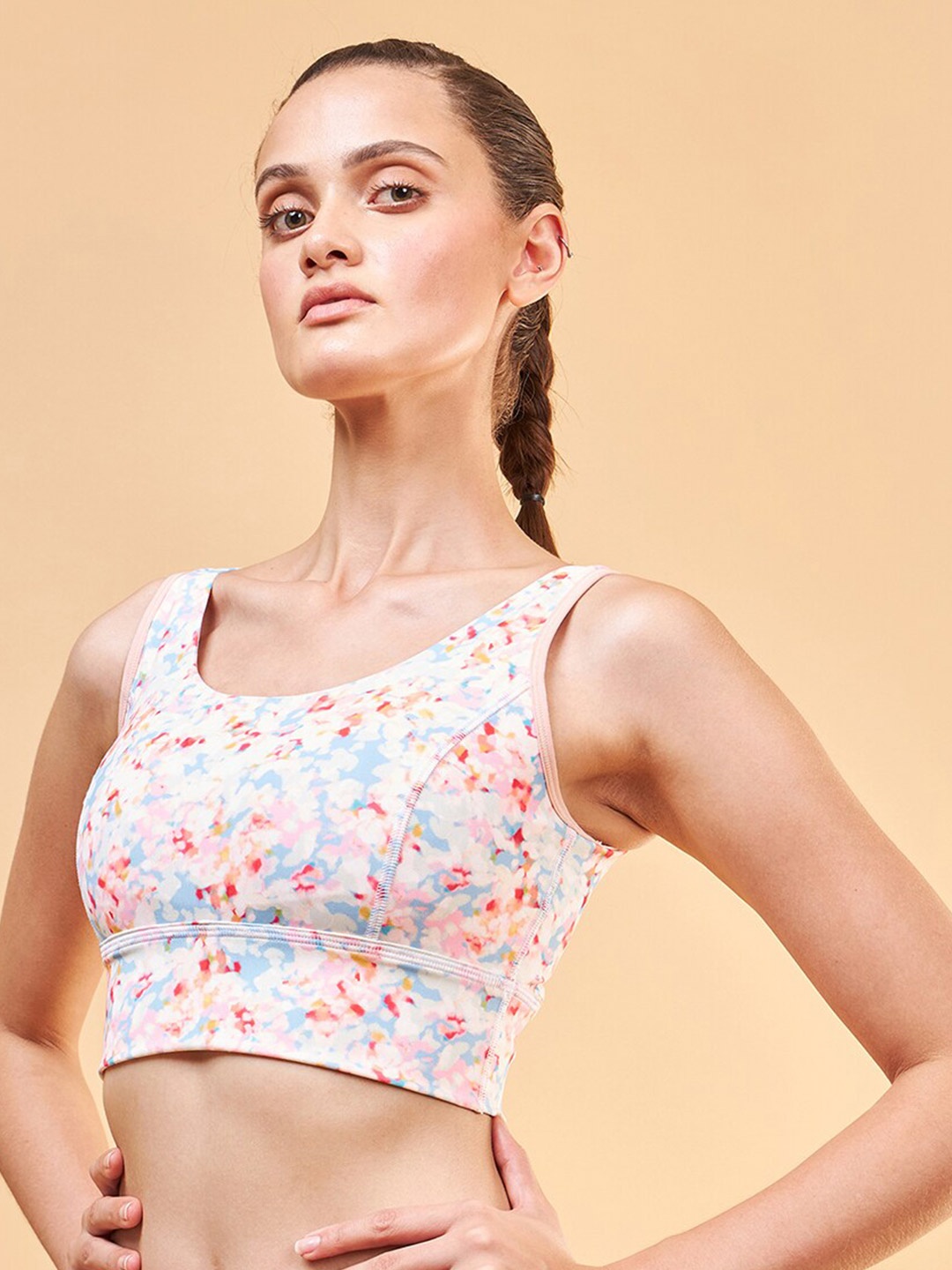 

Enamor Printed Full Coverage Removable Padding Dry Fit Workout Bra With Anti Microbial, Pink