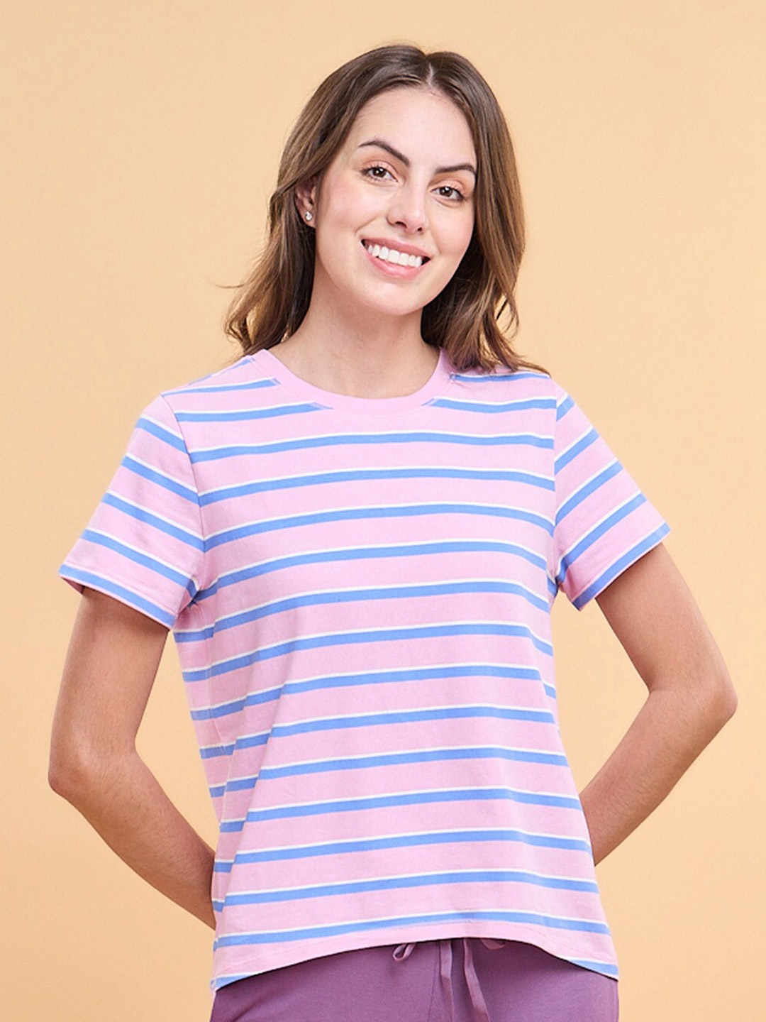 

Enamor Striped Cotton High Low T-shirt, Pink