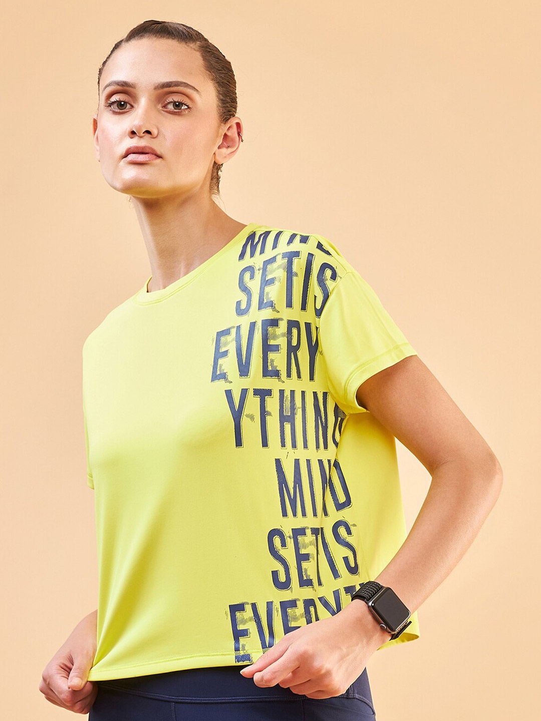 

Enamor Typographic Printed Drop Shoulder Sleeves Relaxed Fit Crop T-shirt, Yellow