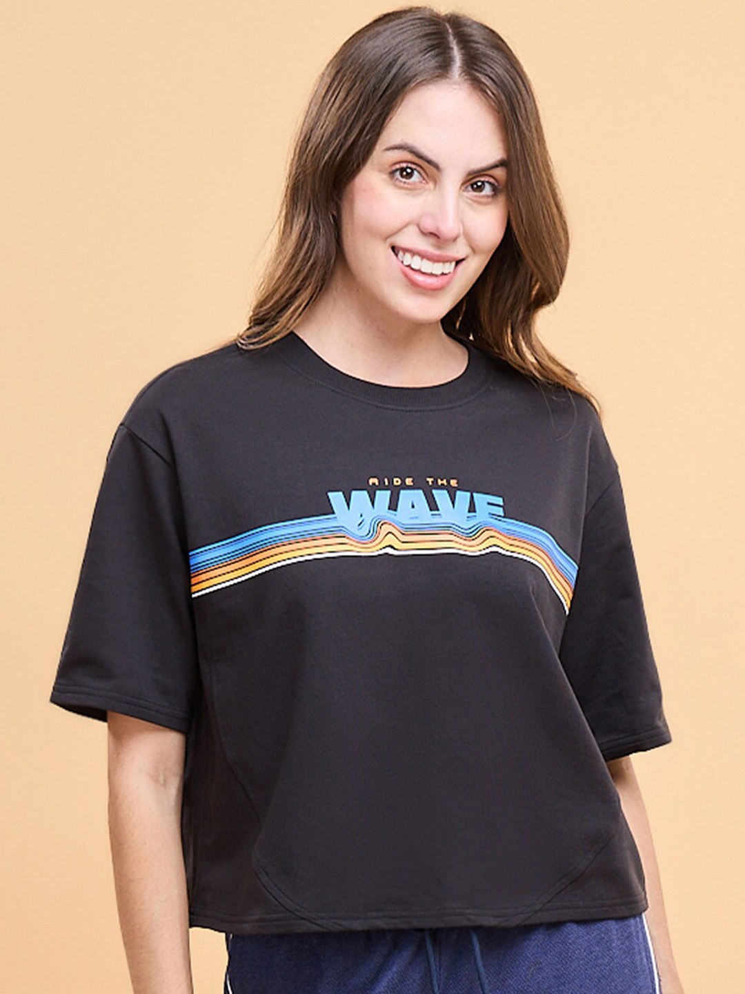 

Enamor Typographic Printed Drop-Shoulder Sleeves Cotton Boxy Crop T-Shirts, Black