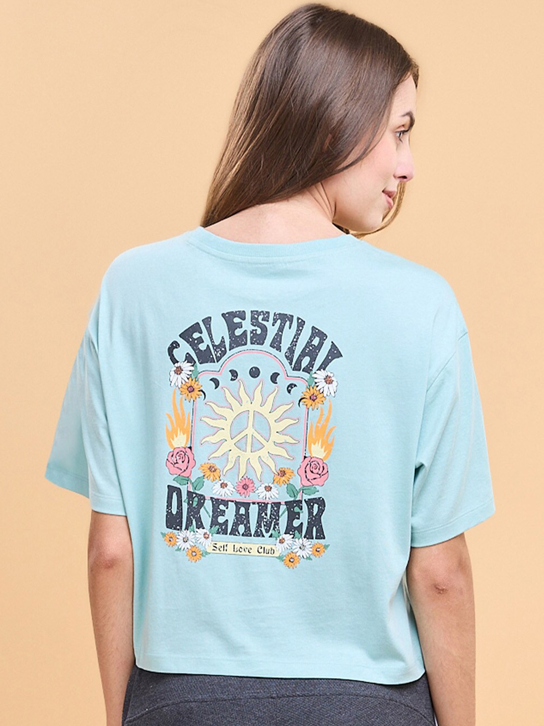 

Enamor Graphic Printed Drop-Shoulder Sleeves Cotton Boxy Lounge Tshirts, Turquoise blue