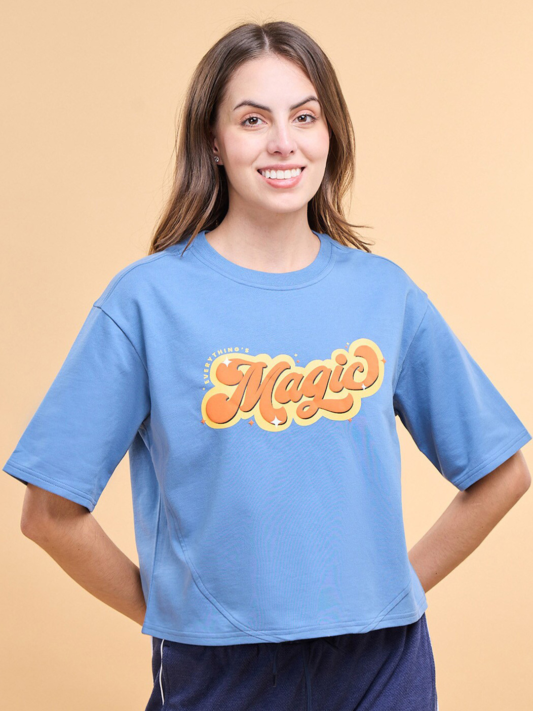

Enamor Typographic Printed Drop-Shoulder Sleeves Cotton Boxy Crop T-Shirts, Blue