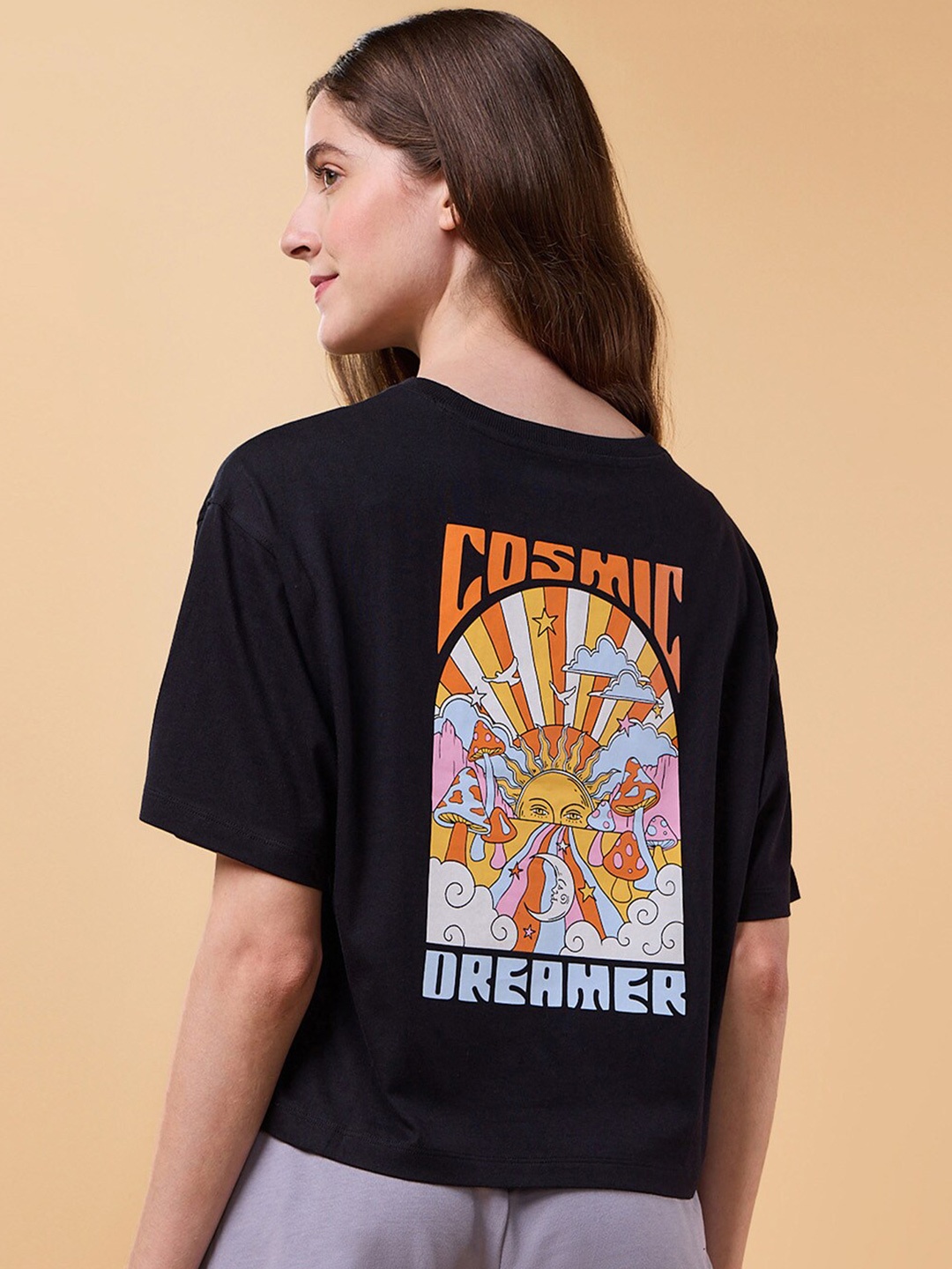 

Enamor Graphic Printed Cotton Drop-Shoulder Sleeves Boxy Lounge T-shirt, Black