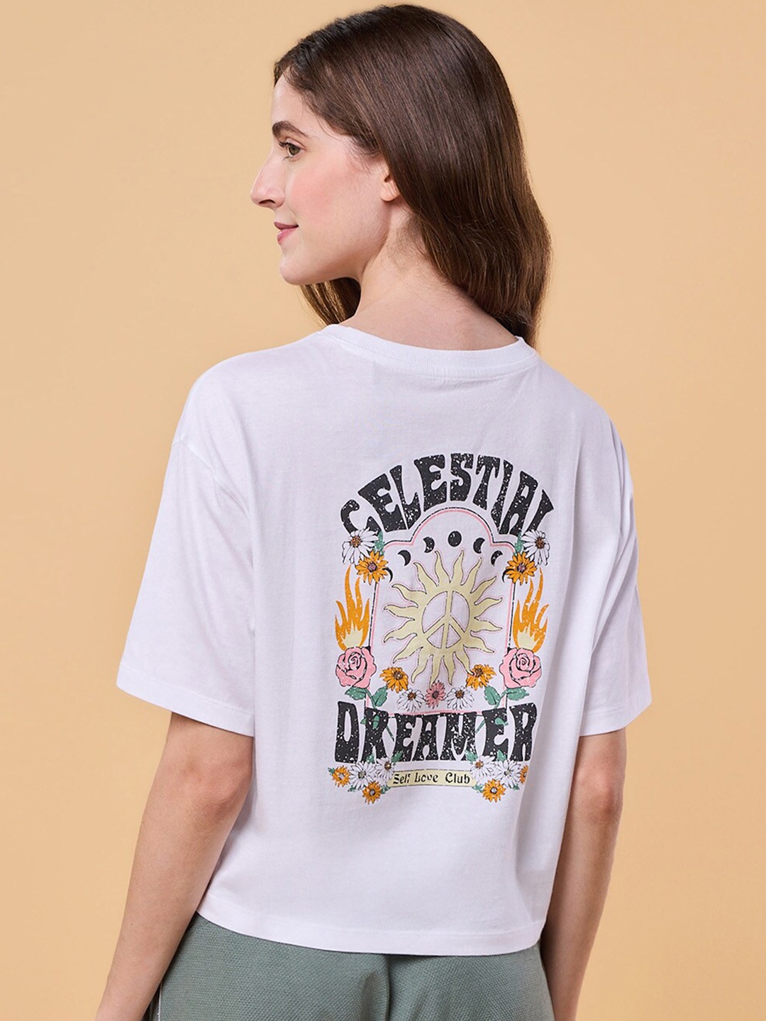 

Enamor Graphic Printed Drop-Shoulder Sleeves Cotton Boxy Lounge Tshirts, White