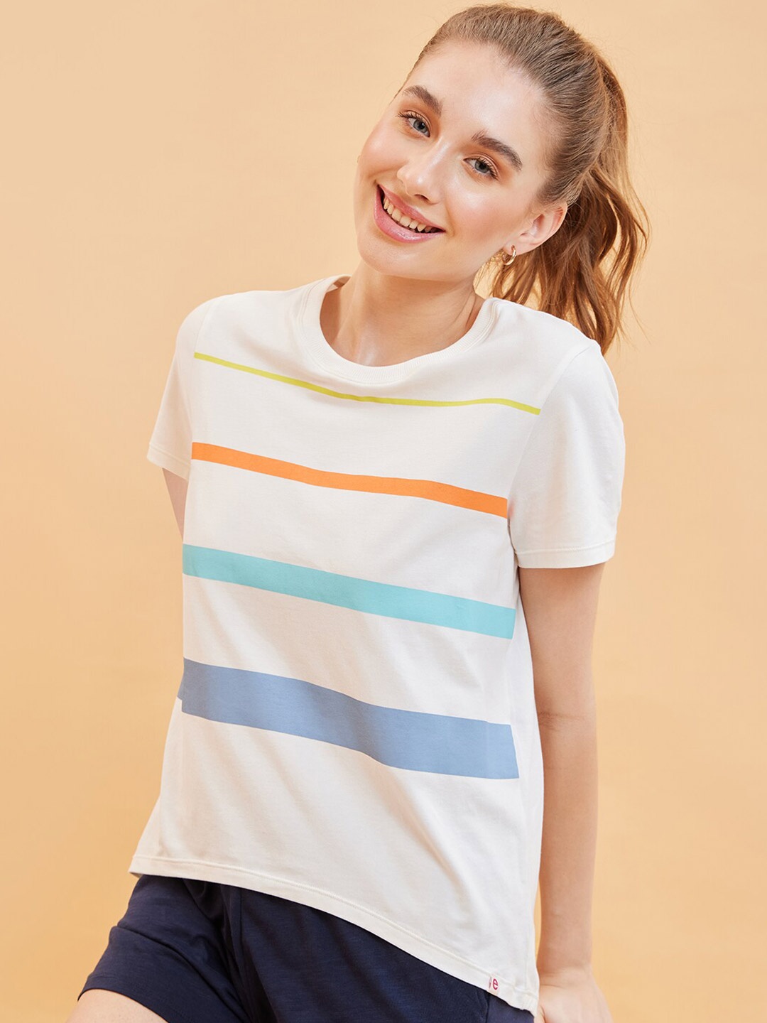 

Enamor Striped Relaxed Fit Cotton High Low T-shirt, White