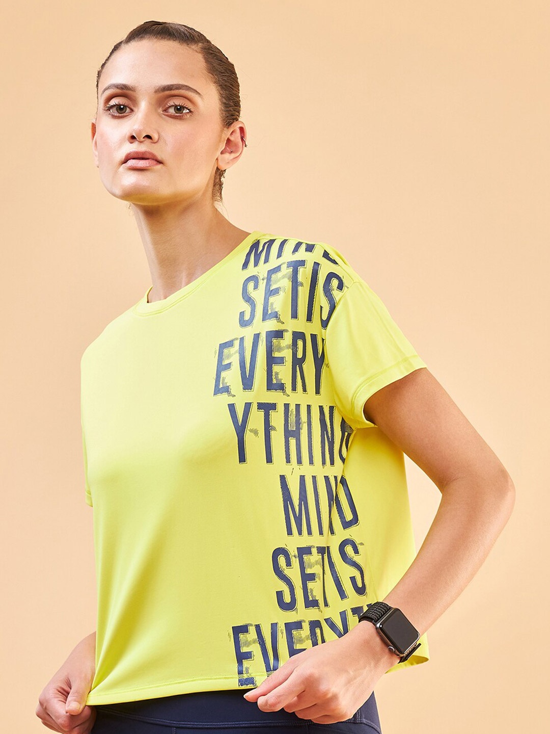 

Enamor Typography Printed Drop-Shoulder Sleeves Relaxed Fit Crop T-shirt, Yellow