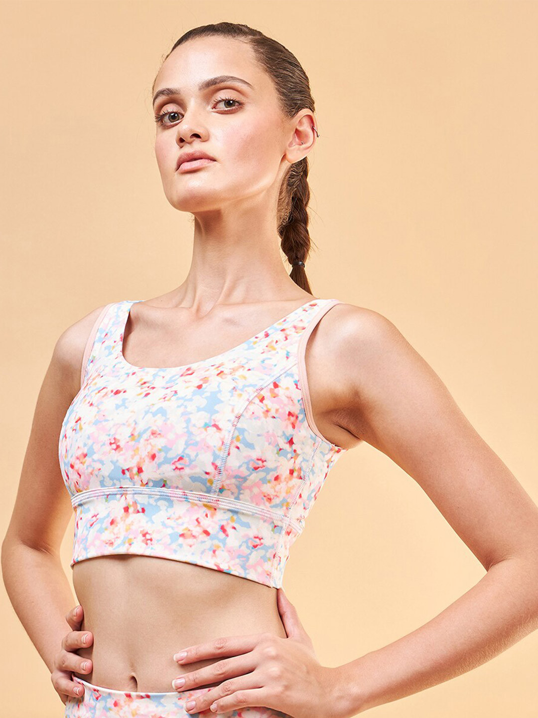 

Enamor Floral Printed Full Coverage Removable Padding Workout Bra With Anti Microbial, White