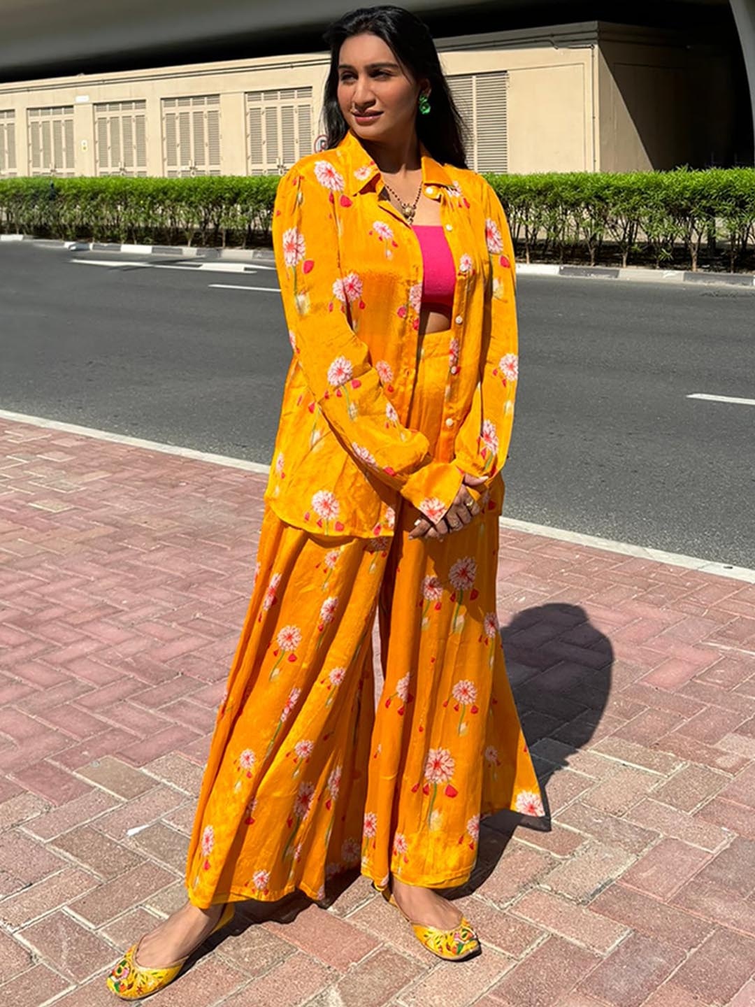 

AKS Couture Printed Shirt-Collar Shirt With Palazzo Co-Ords, Yellow