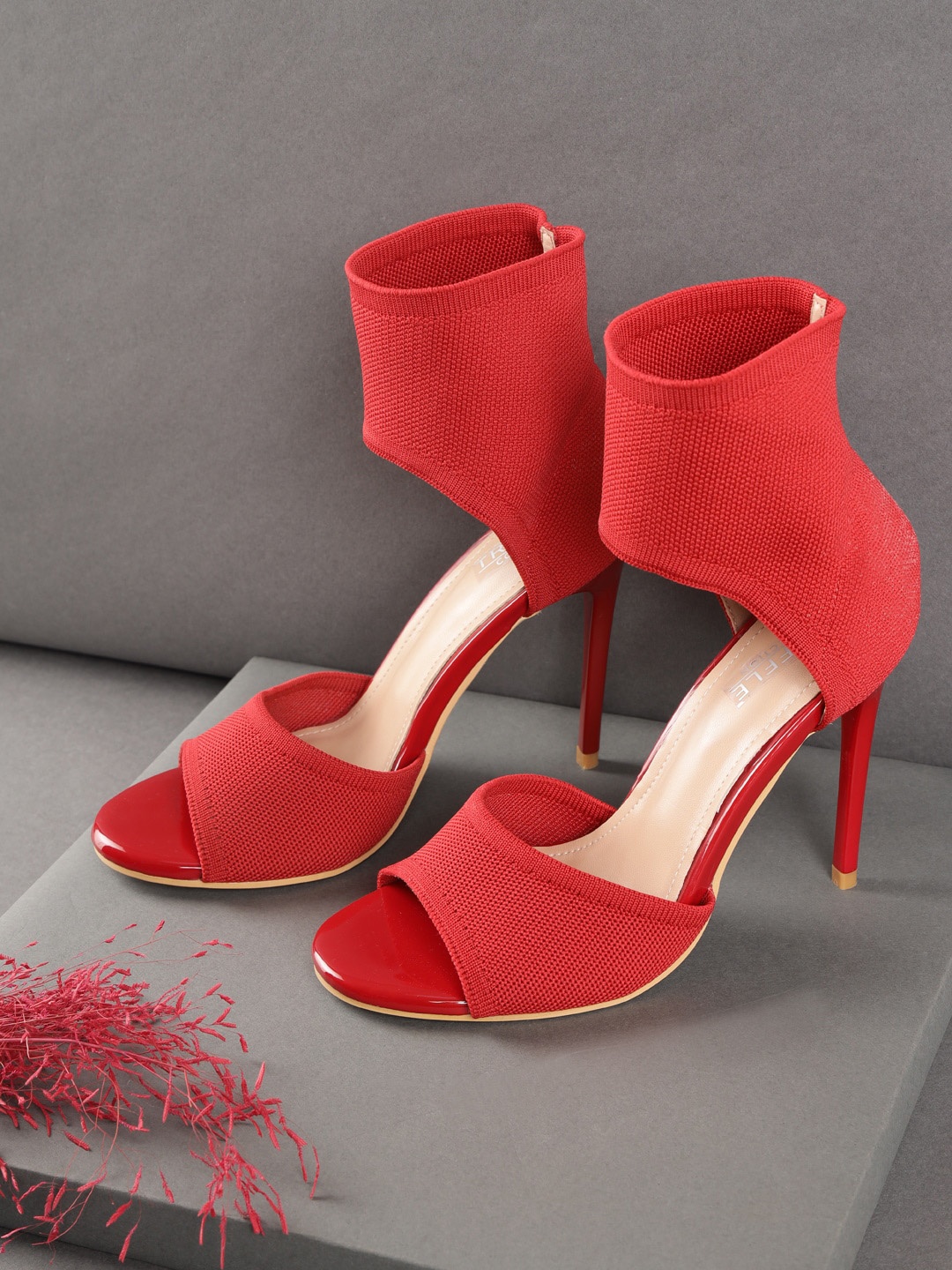 

Truffle Collection Textured Open Toe Mesh Slim Heels, Red
