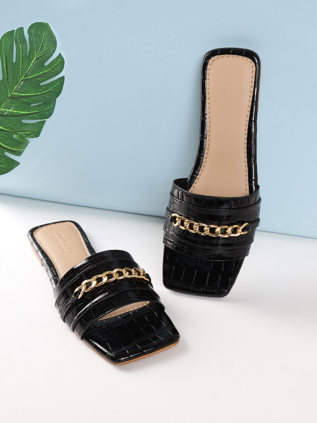 

Truffle Collection Textured Embellished Open Toe Flats, Black