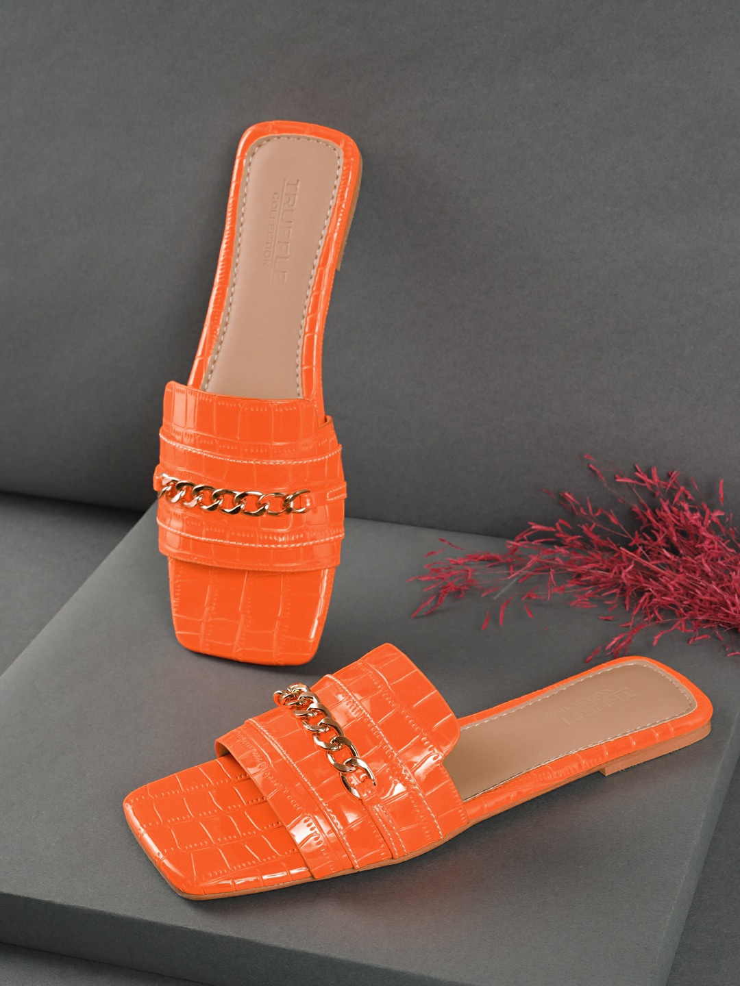 

Truffle Collection Textured Embellished Open Toe Flats, Orange