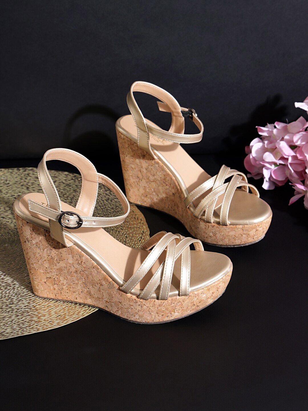 

Truffle Collection Textured Open Toe Wedge Heels, Gold