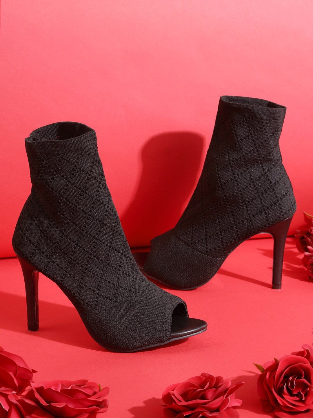 

Truffle Collection Women Textured Peep Toe Stiletto Heeled Boots, Black