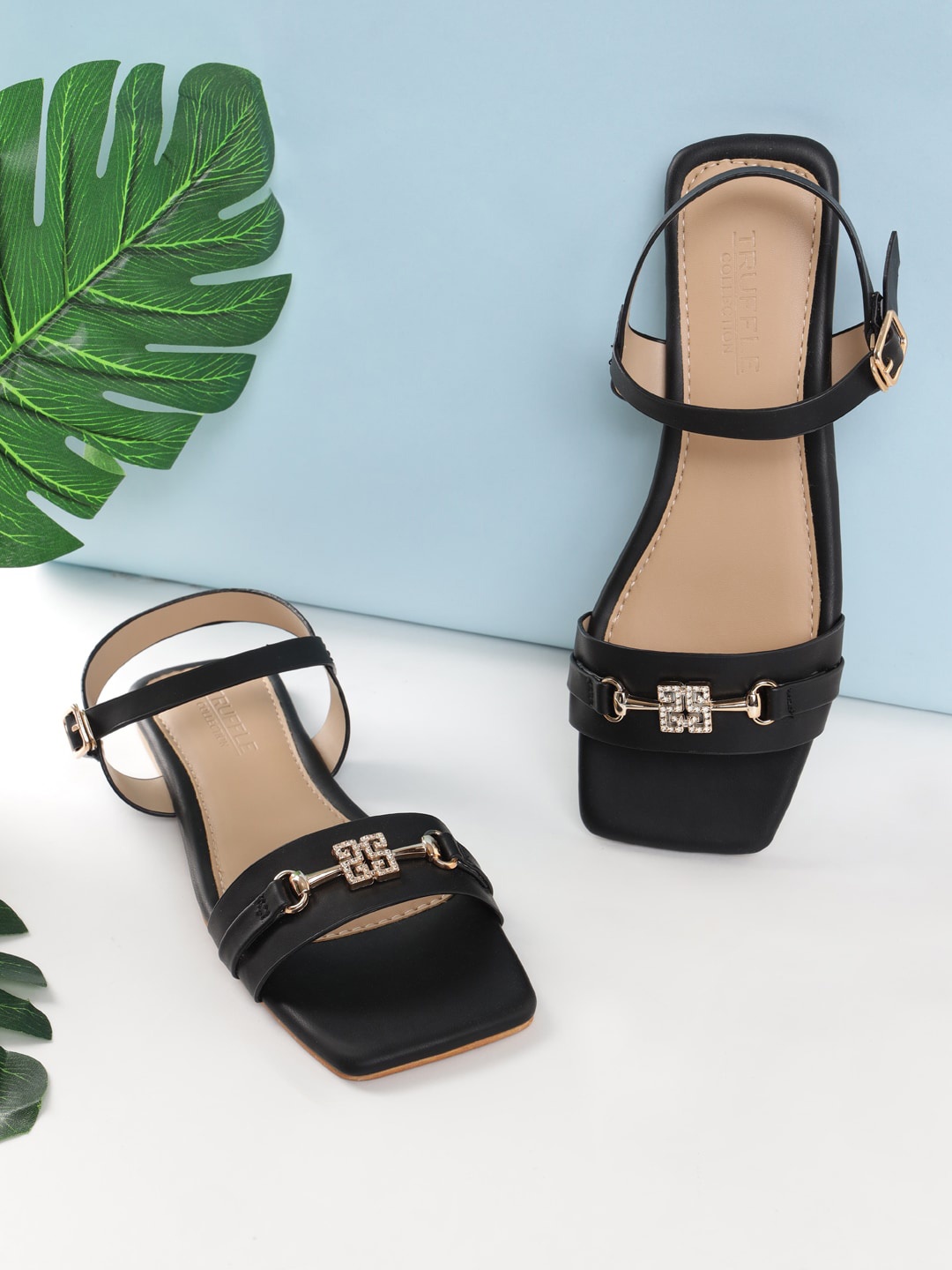 

Truffle Collection Buckle Detailed Open Toe Flats, Black