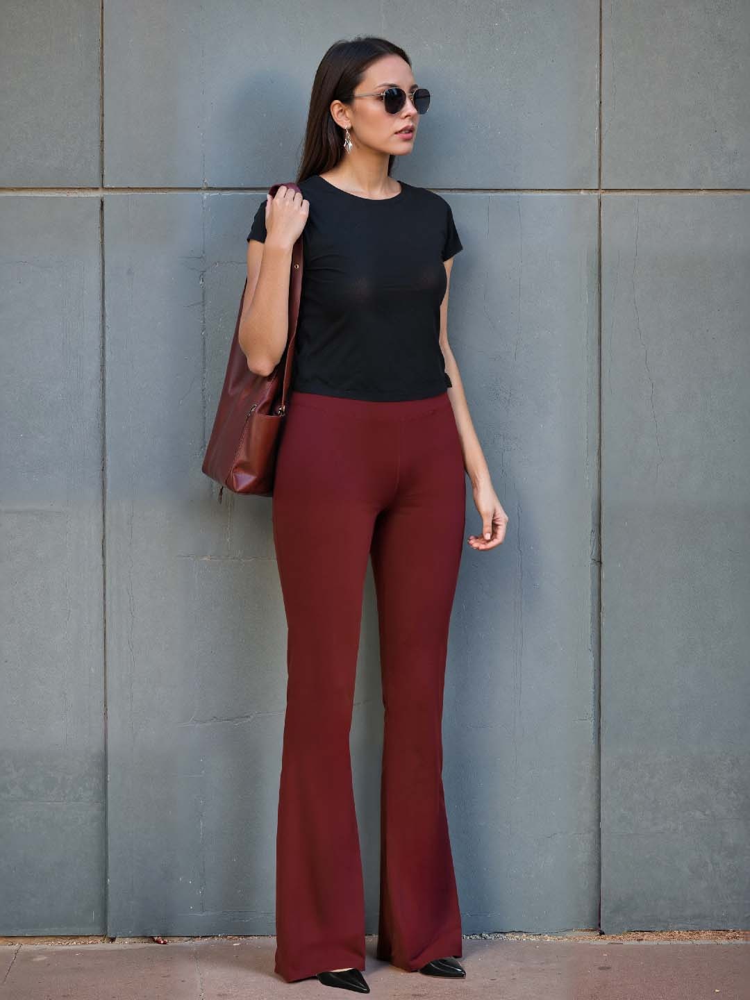 Blissclub Women High-Rise Flared Tights, Burgundy