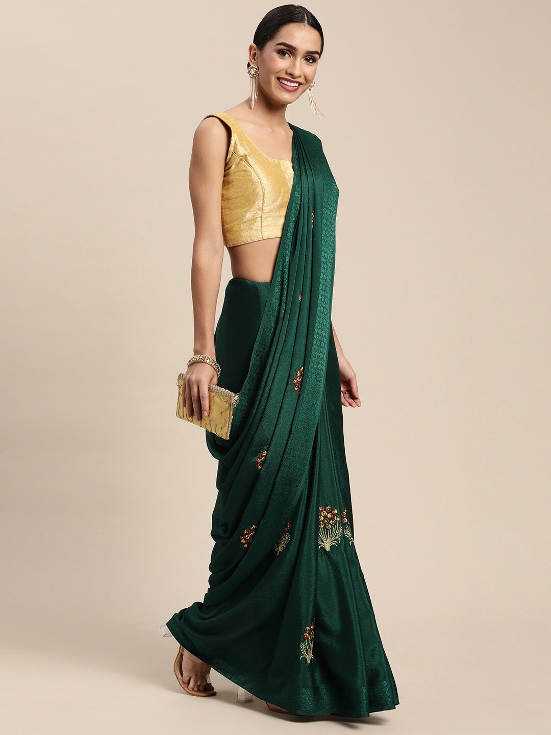 

HRITIKA Ethnic Motifs Embroidered Pure Chiffon Saree, Green