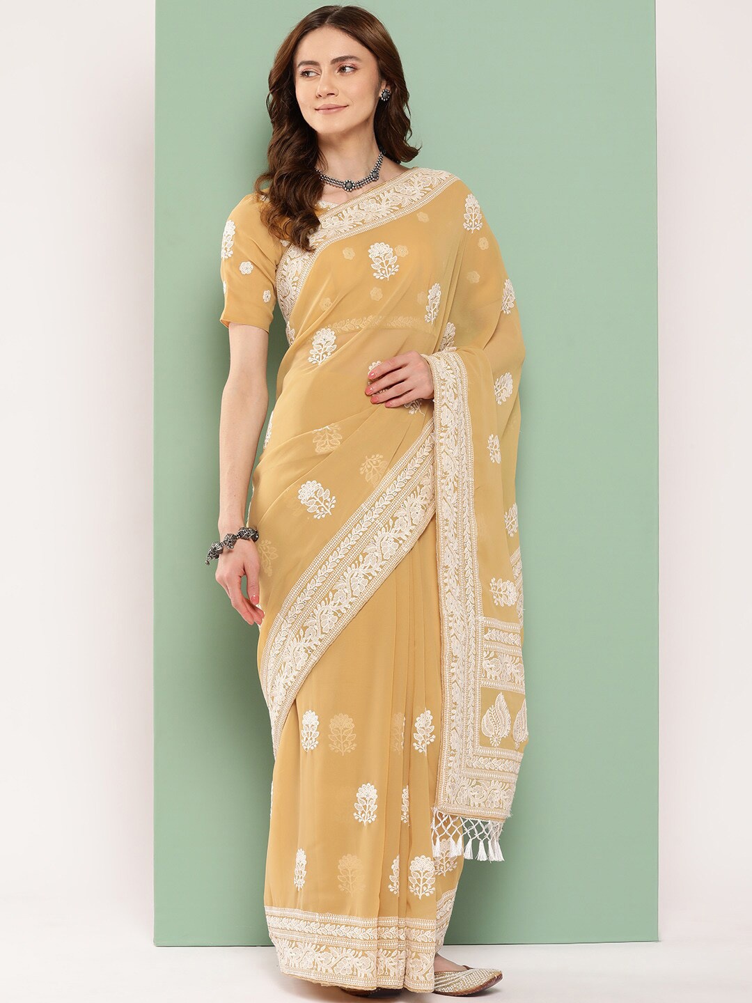 

HRITIKA Floral Chikankari Pure Georgette Saree, Mustard