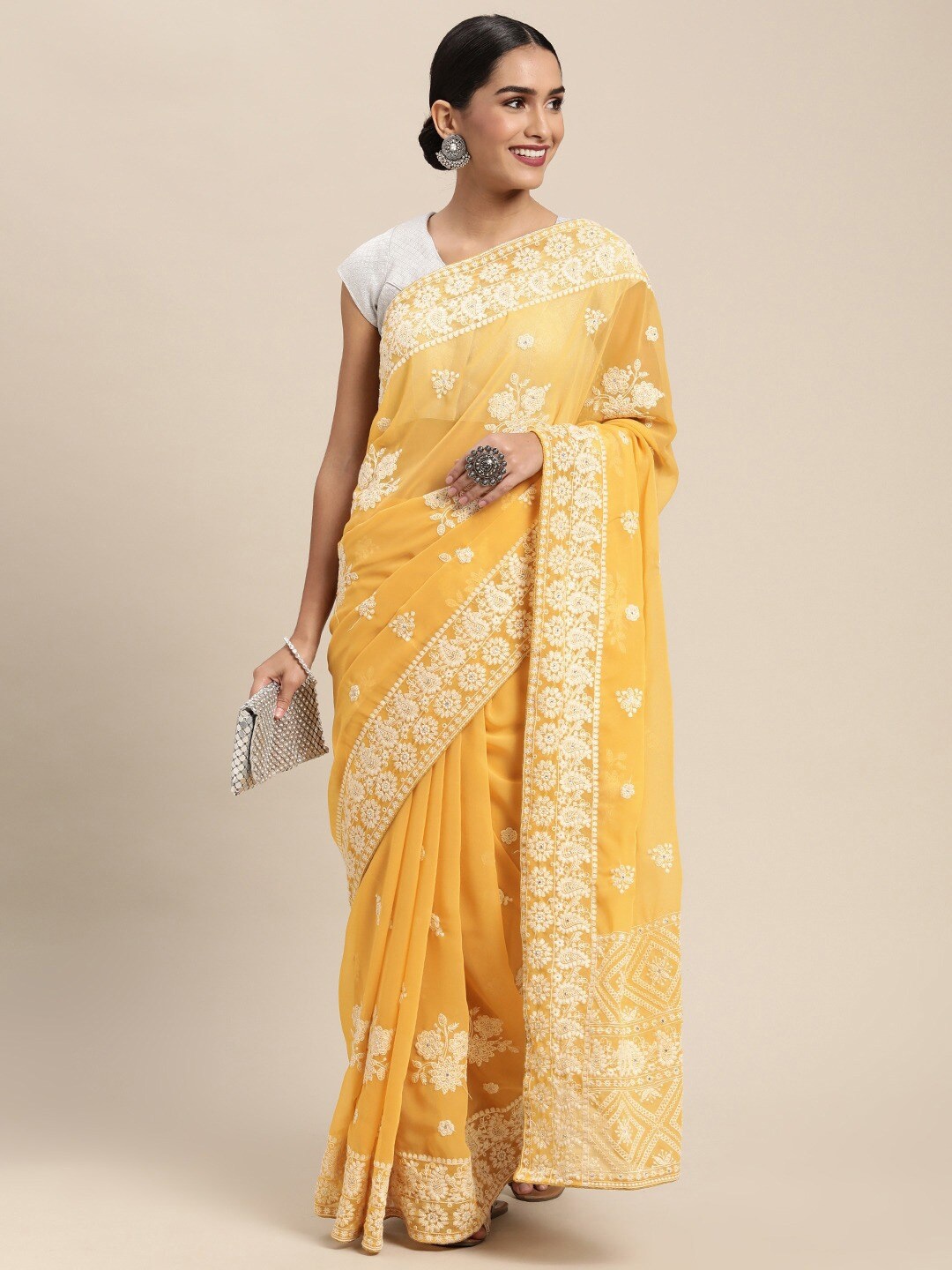 

HRITIKA Floral Embroidered Lucknowi Chikankari Pure Georgette Saree, Mustard