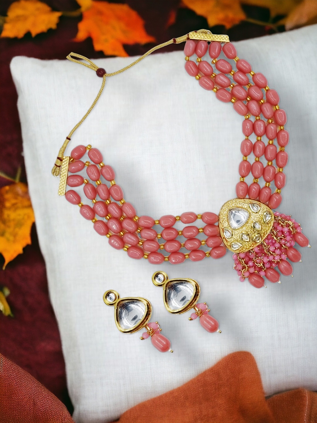 

Anouk Gold-Plated Multistranded Necklace With Earring Set, Pink