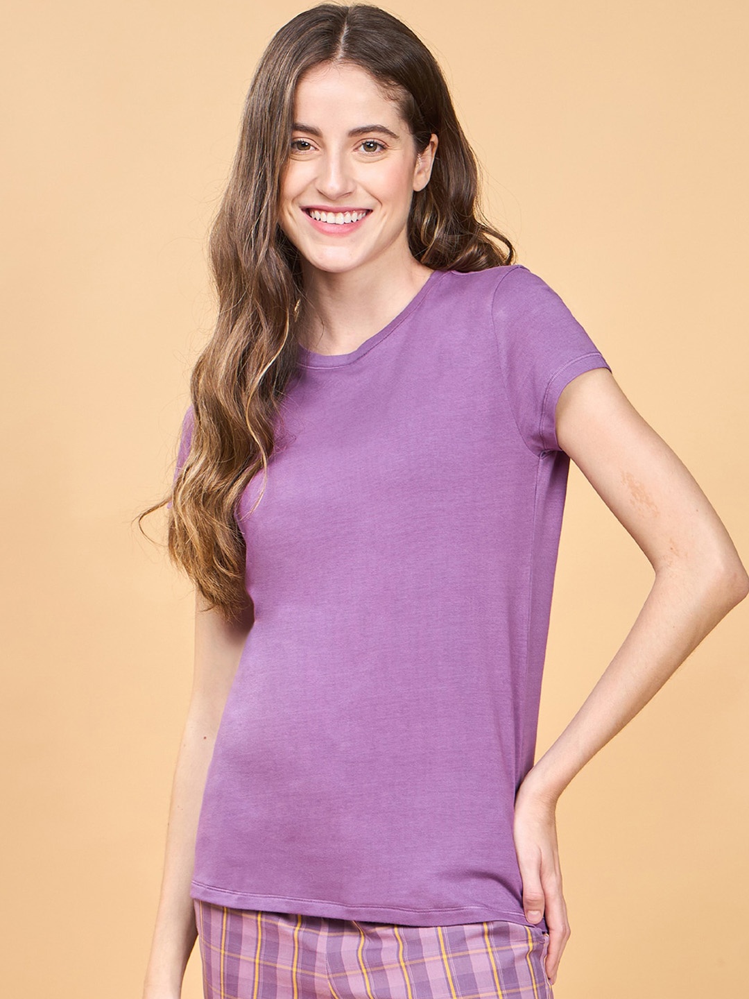 

Enamor Spring Summer 24 Slim-fit Crew Neck Slim Fit Stretch Cotton Lounge T-shirt, Violet