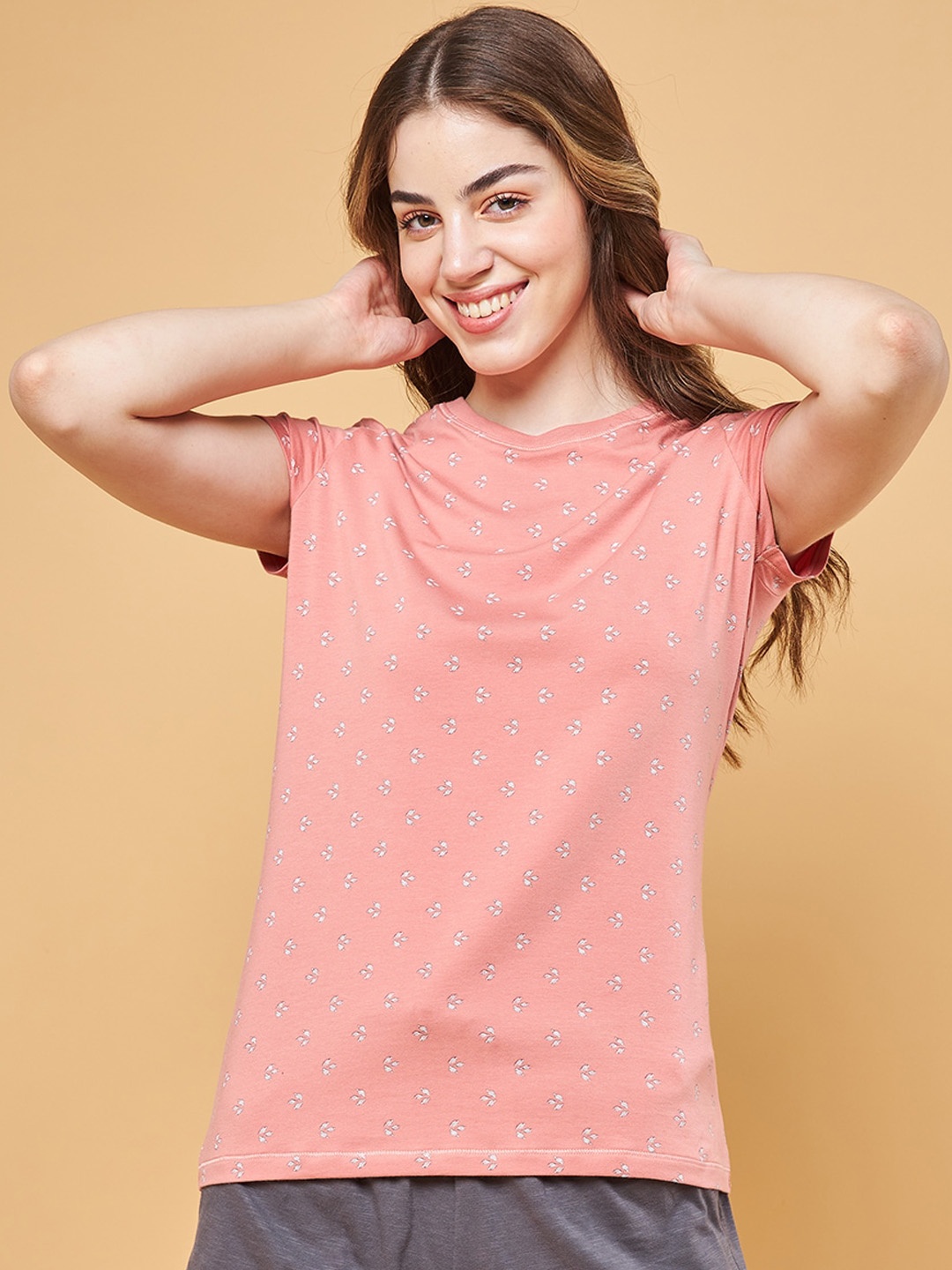 

Enamor Spring Summer 24 Slim-Fit Floral Printed Round Neck Lounge T-shirt, Peach