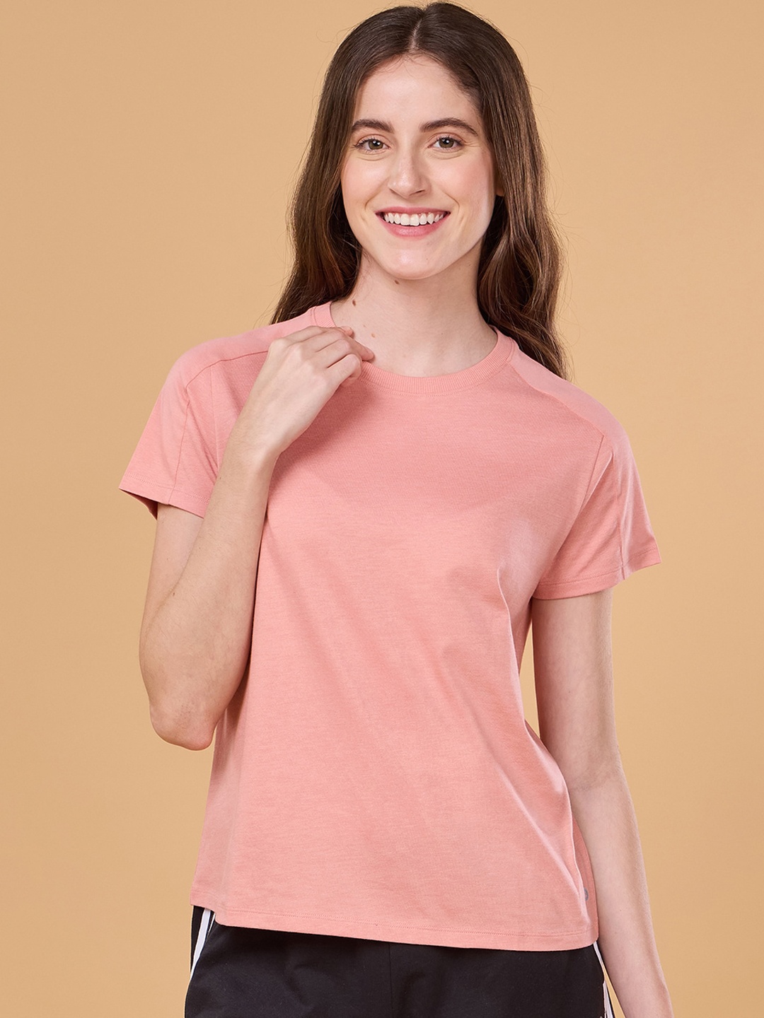 

Enamor Spring Summer 24 Slim-Fit Round Neck Short Sleeves Lounge T-shirt, Peach