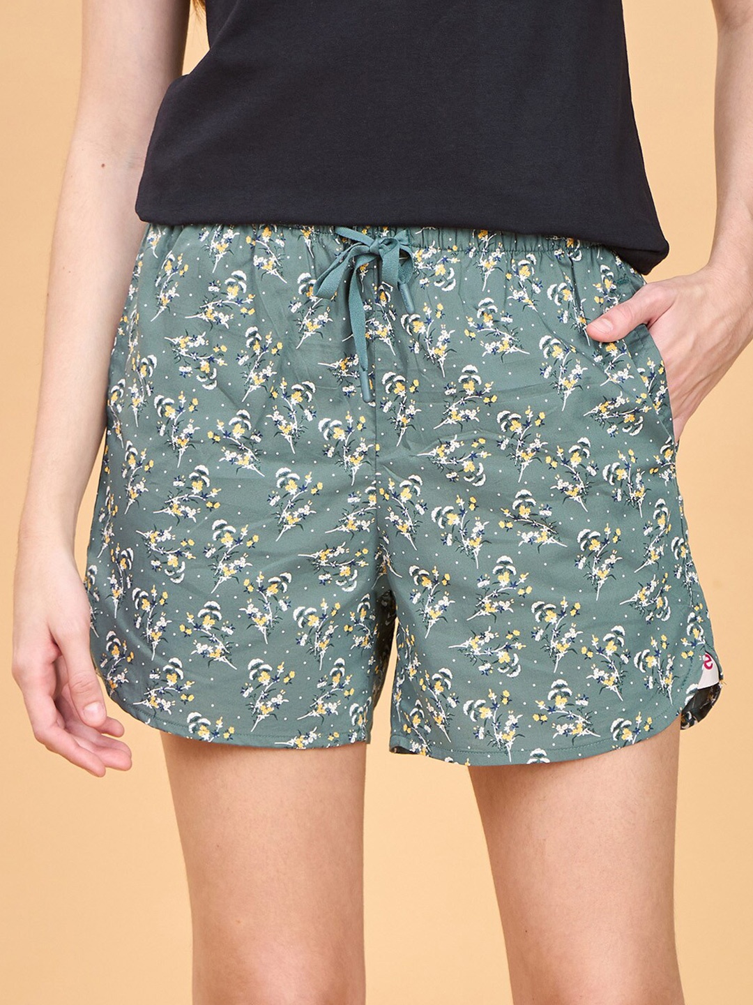 Enamor Women Mid-Rise Floral Printed Lounge Shorts, Green